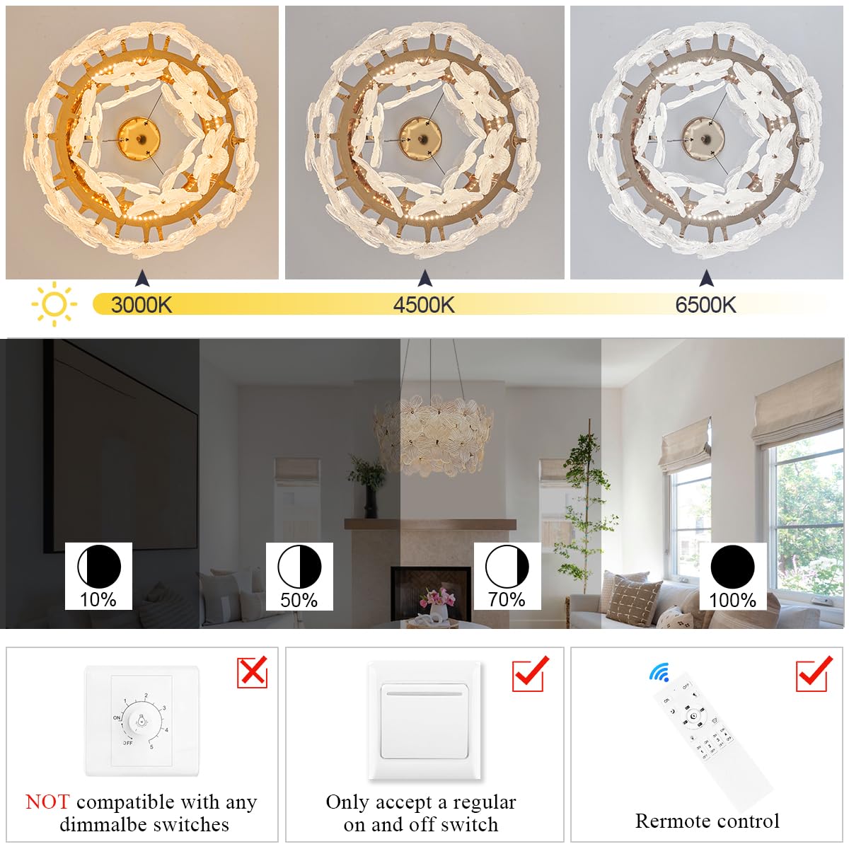 Poemoon Modern Crystal LED Chandelier 20" Brushed Gold Dimmable Flush Mount for High Ceilings with Remote Control - Model P50-500G1