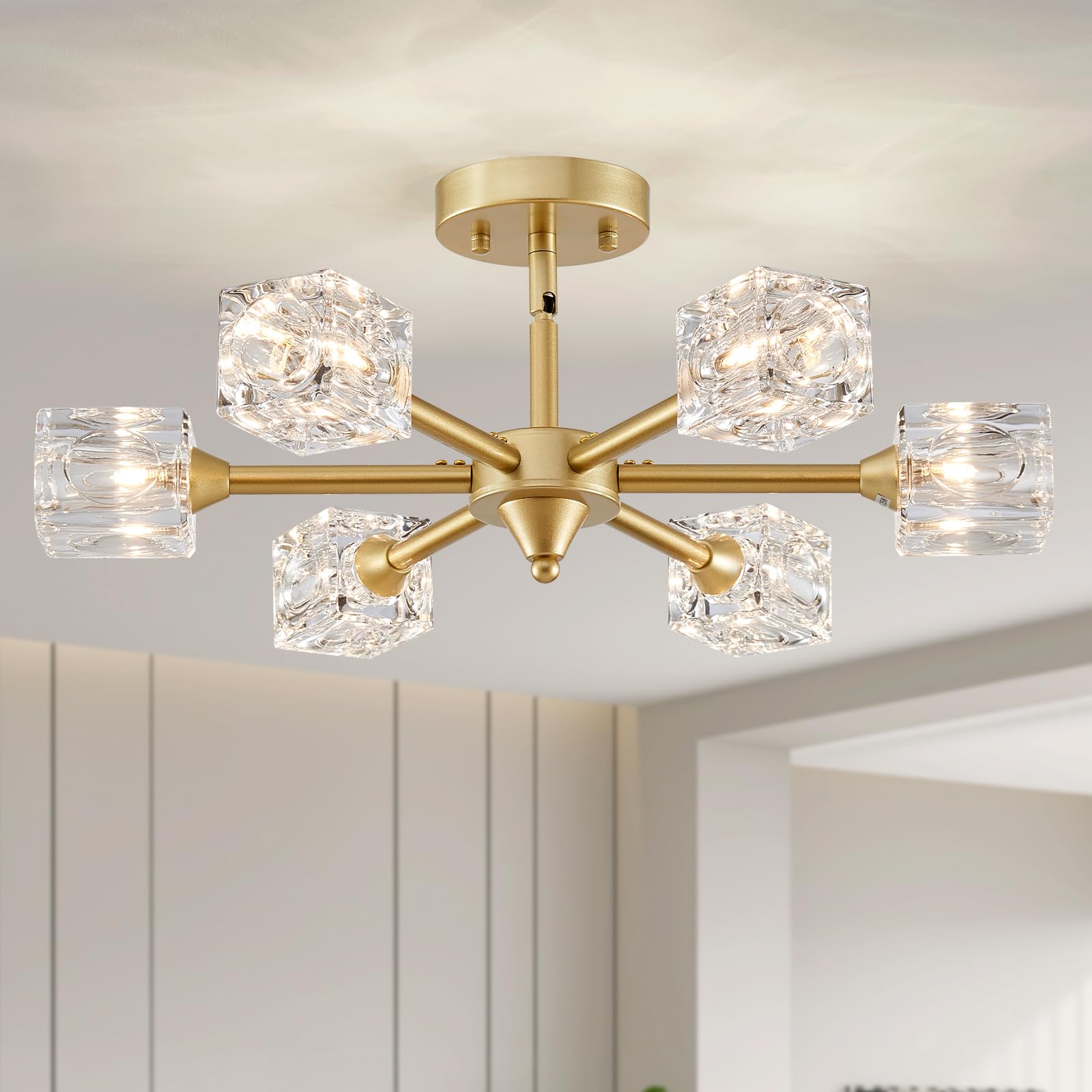 Xingqi Gold Glass Chandelier Sputnik 6-Light Mid Century Semi Flush Mount Ceiling Light Fixture 22'' Modern Ceiling Lighting For
