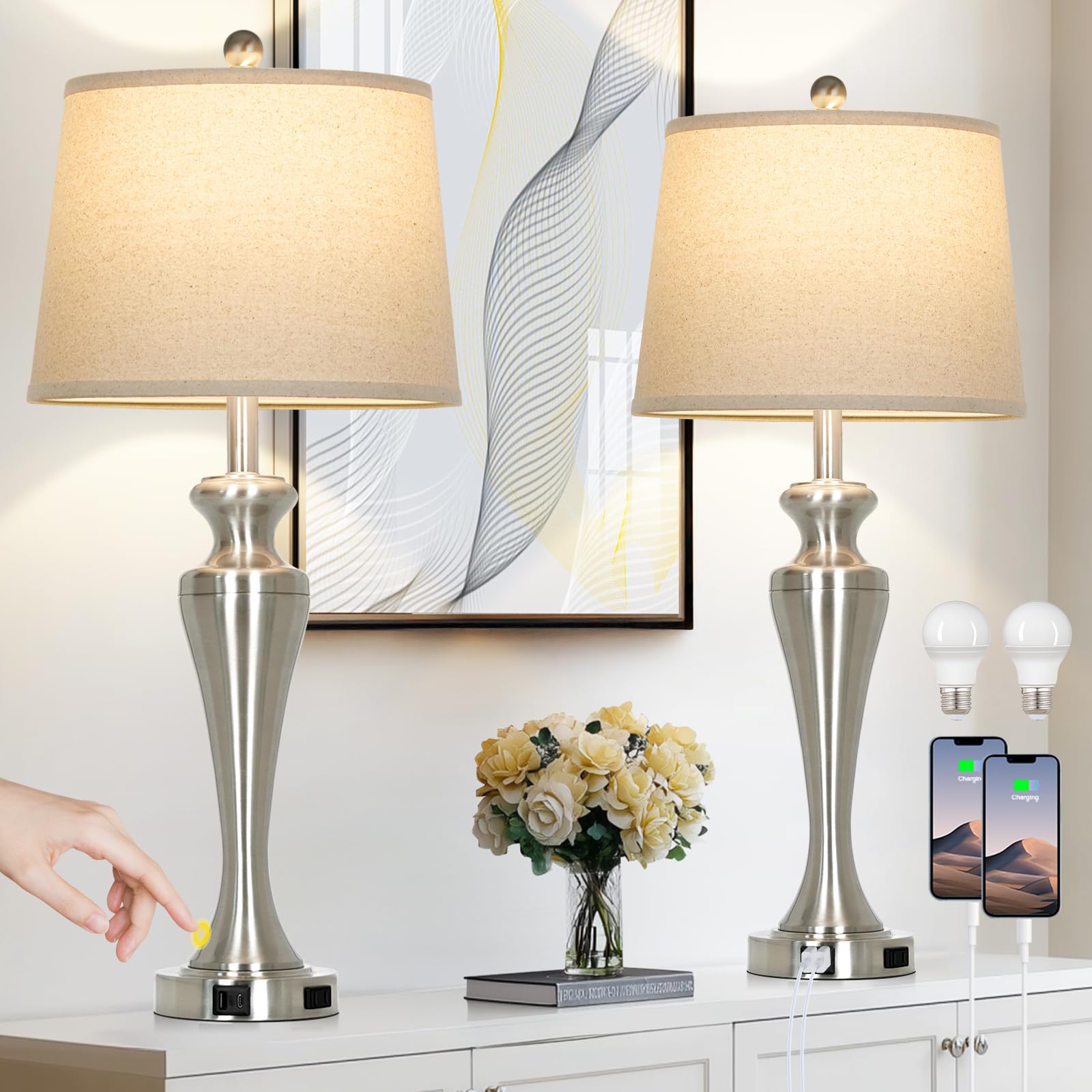 LUXEFLOW 30 Silver Table Lamps Set of 2  3-Way Dimmable Touch Living Room Lamp with USB A+C Ports and AC Outlet  Modern Brushed Nickel Bedroom Lamps  Tall Metal Bedside Lamp for Nightstand Side Table