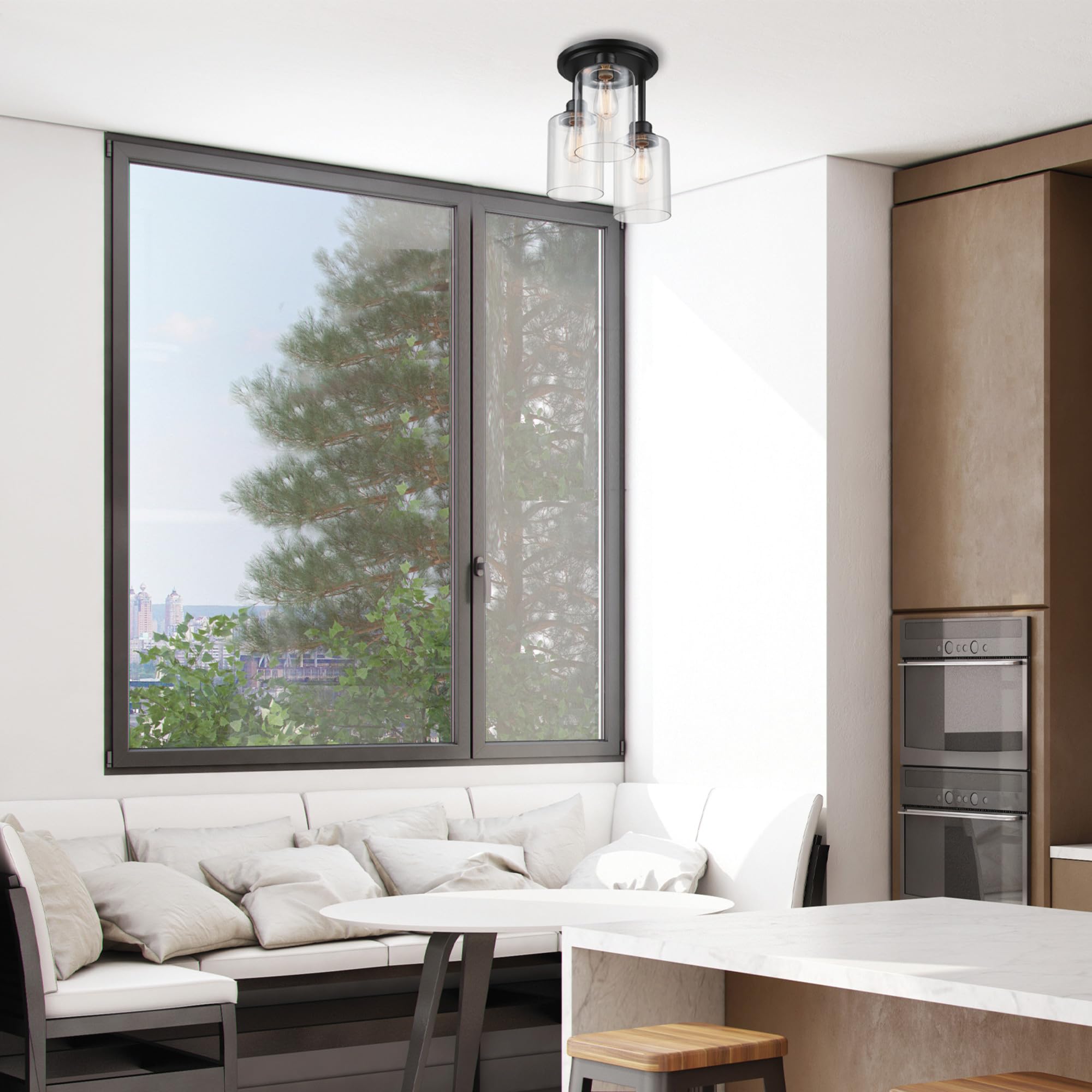 Globe Electric 65456 3-Light Flush Mount Ceiling Light, Metal, Matte Black, Clear Glass Shades