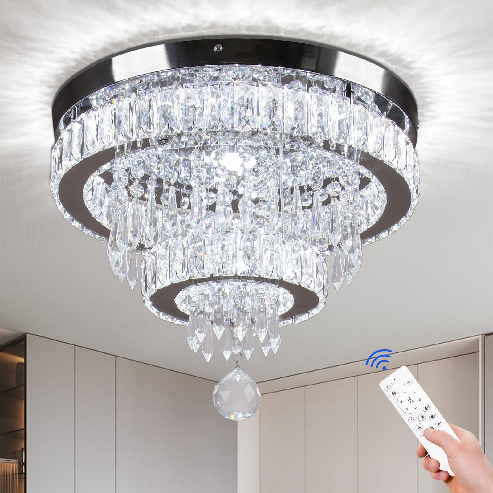 Cainjiazh Crystal Chandelier Flush Mount Light Fixture, 16in Dimmable, Remote Control, for Bedroom, Dining Room, Living Room