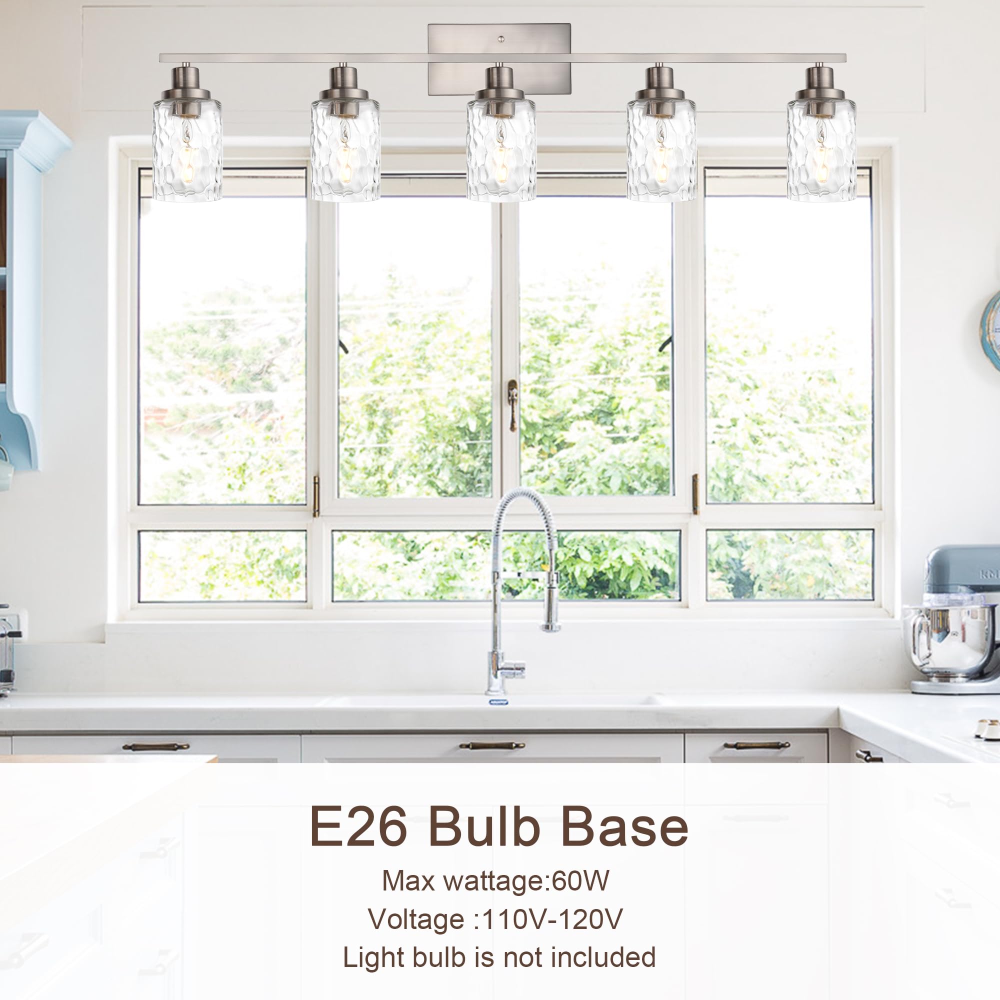 MELUCEE 5-Light Bathroom Vanity Light Fixture, Black Metal with Clear Hammered Glass Shade, Model ccdc2265-7ed4-4ea5-98d8-43e