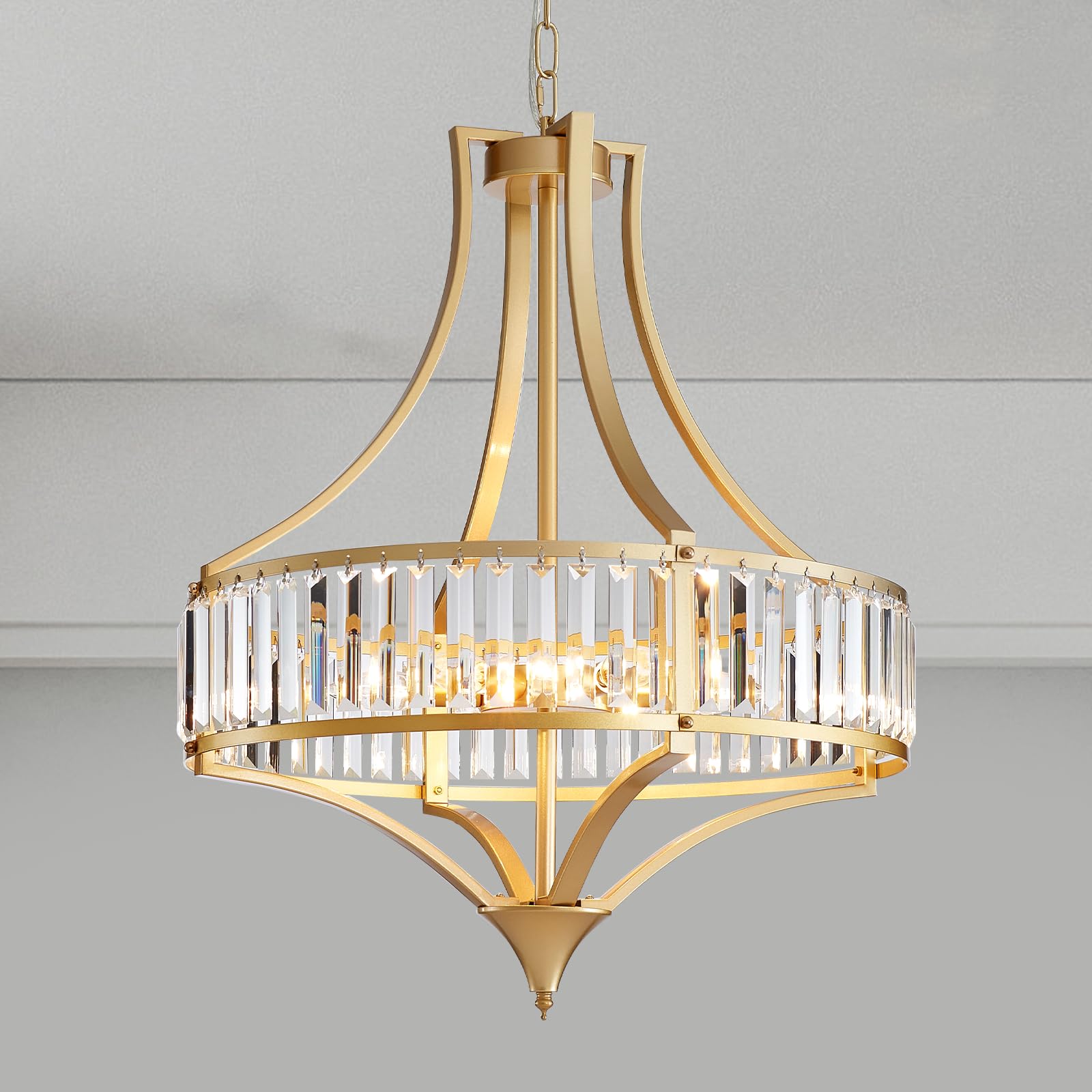 Majhoiw 21.6'' Crystal Chandeliers for Dining Room Modern Gold Chandelier with Round Metal Shade 6-Light Large Dining Room Light