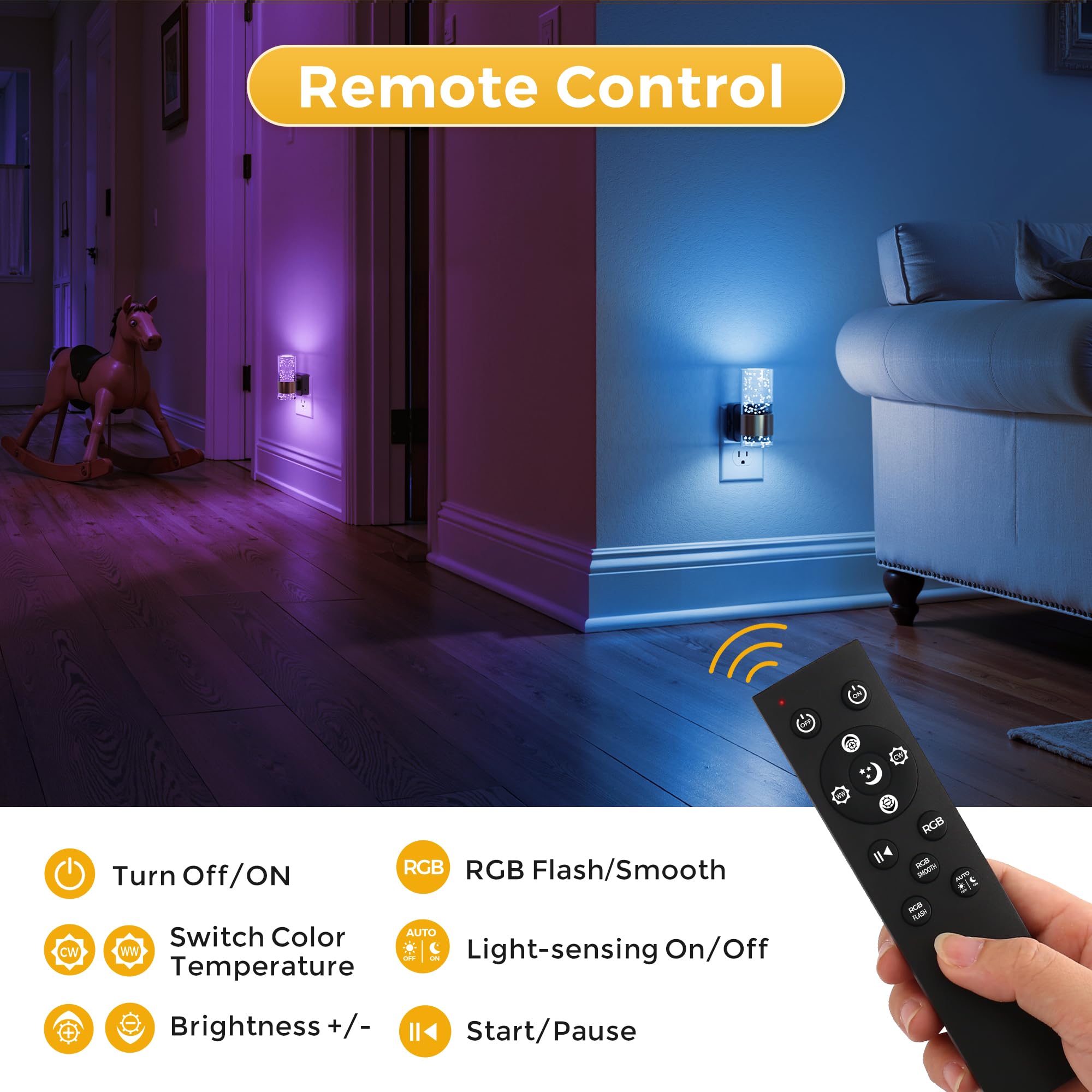 L LOHAS LED Night Light, Dimmable RGB Color Changing with Remote, 1 Pack, Acrylic, Model A-YKGY19709US, Dusk to Dawn Sensor