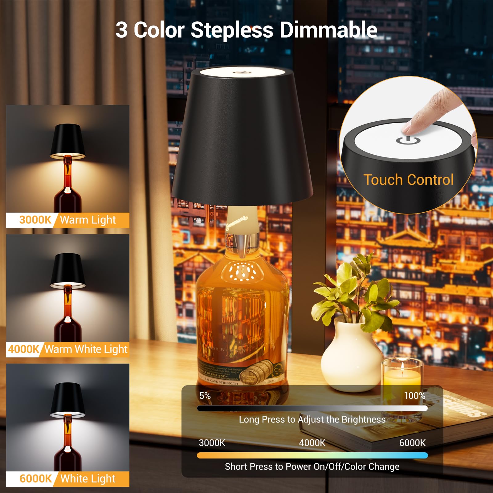 WOKWOYIO Wireless Bottle Lamp, Rechargeable LED Light, 3 Color Temperatures, Bronze, Model YC012NA