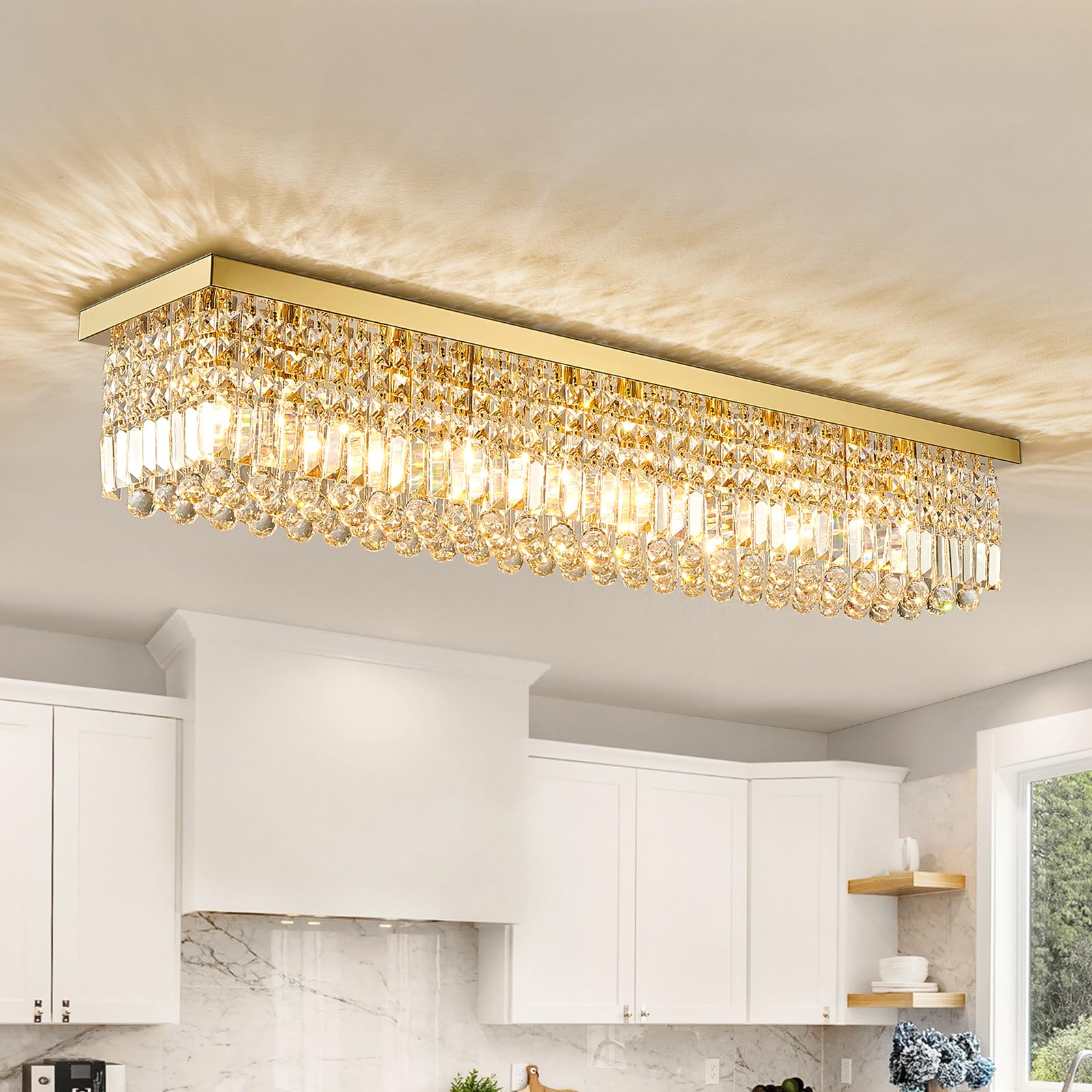 Siljoy 10-Light Crystal Chandelier, Stainless Steel, Flush Mount, 47in  x 10in  x 10in , Model HLP009-C, Luxury Gold