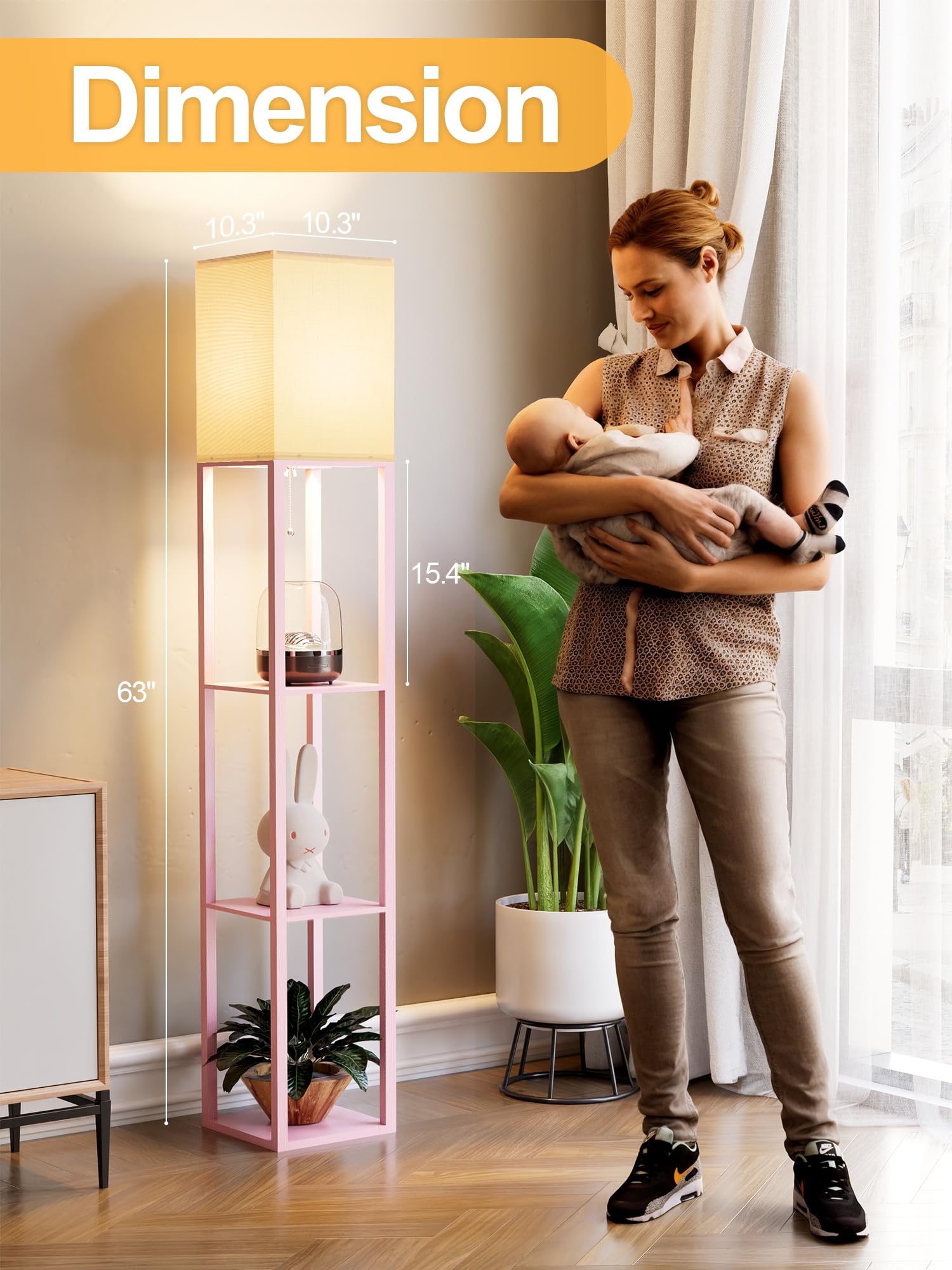 Pink Floor Lamp With Shelves For Living Room, Shelf Floor Lamp With 3 Cct Led Bulb, Corner Display Standing Column Lamp Etagere