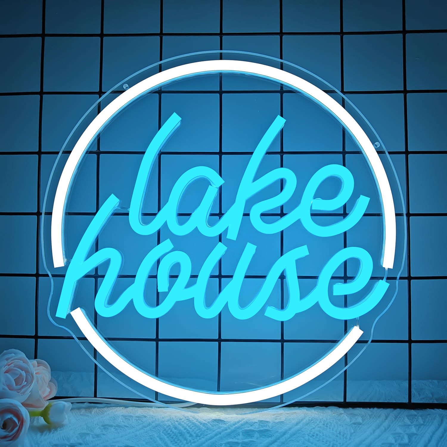 Ajoyferris Lake House Neon Sign, Dimmable LED Light, Acrylic, 1.1x2 inches, White/Ice Blue, Model: LakeHouse