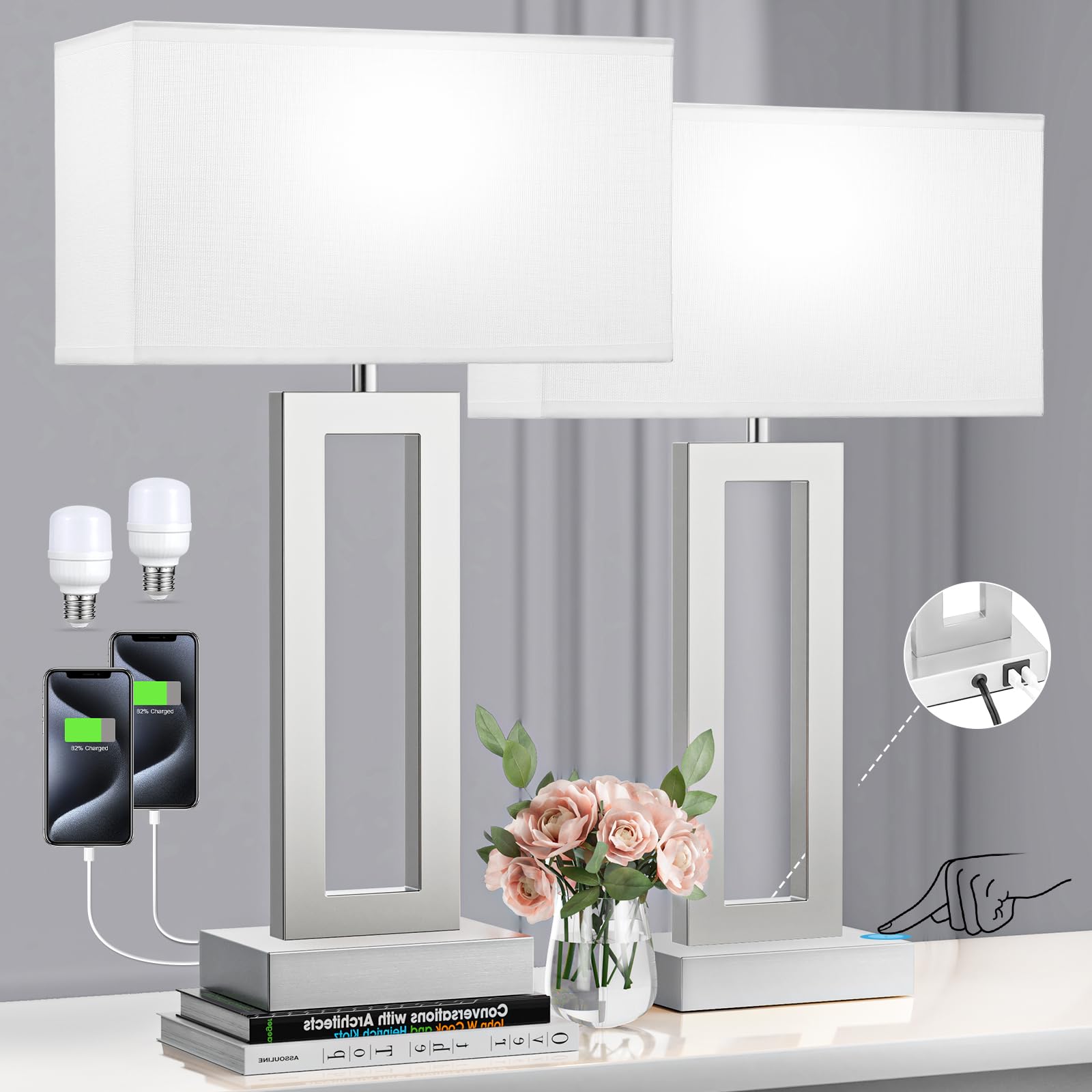 Seealle 22'' Tall Bedroom Lamps for Living Room - Touch Brushed Nickel Bedside Lamps with USB C+A, 3 Way Dimmable Lamp for Night
