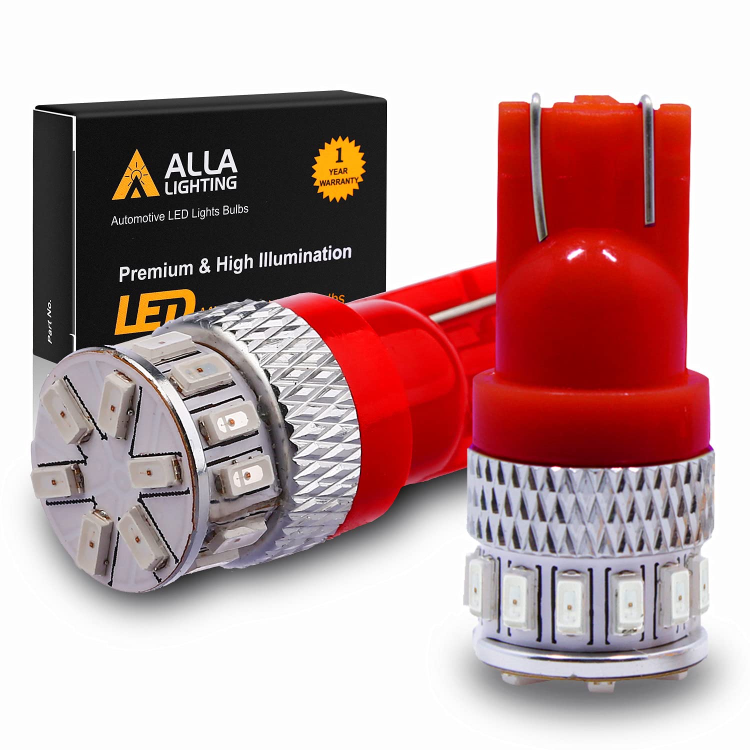 Alla Lighting T10 LED Bulbs W5W 2825, Super Bright Red, 12V, Model ALL-T10-3014-18R, Ideal for Cars, Trucks, Interior and