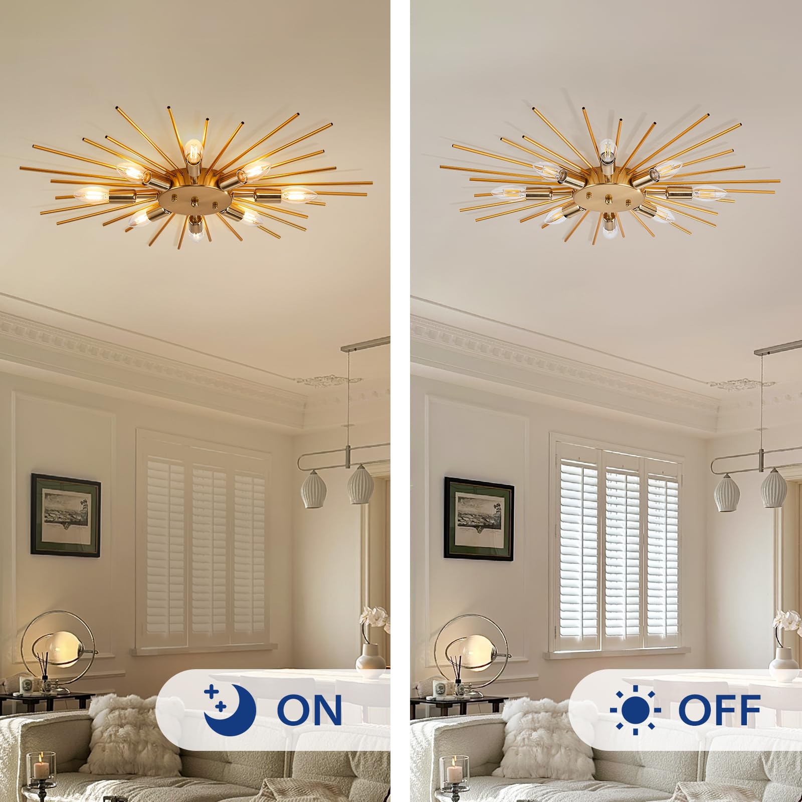 Yunnix 8-Light Gold Sputnik Chandelier - Modern Metal Ceiling Light for Dining Room, Kitchen, Bedroom, Hallway, Living Room