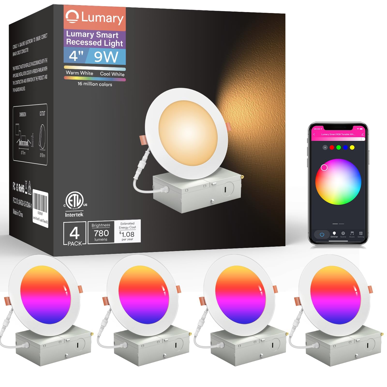 Lumary Smart Recessed Lighting 4 Inch Canless Led Recessed Lights 9W 780Lm Color Changing Led Downlight Wi-Fi Bluetooth Soffit Lights With J-Box Work With Alexa/Google Assistant (4 Inch, 4 Pack)