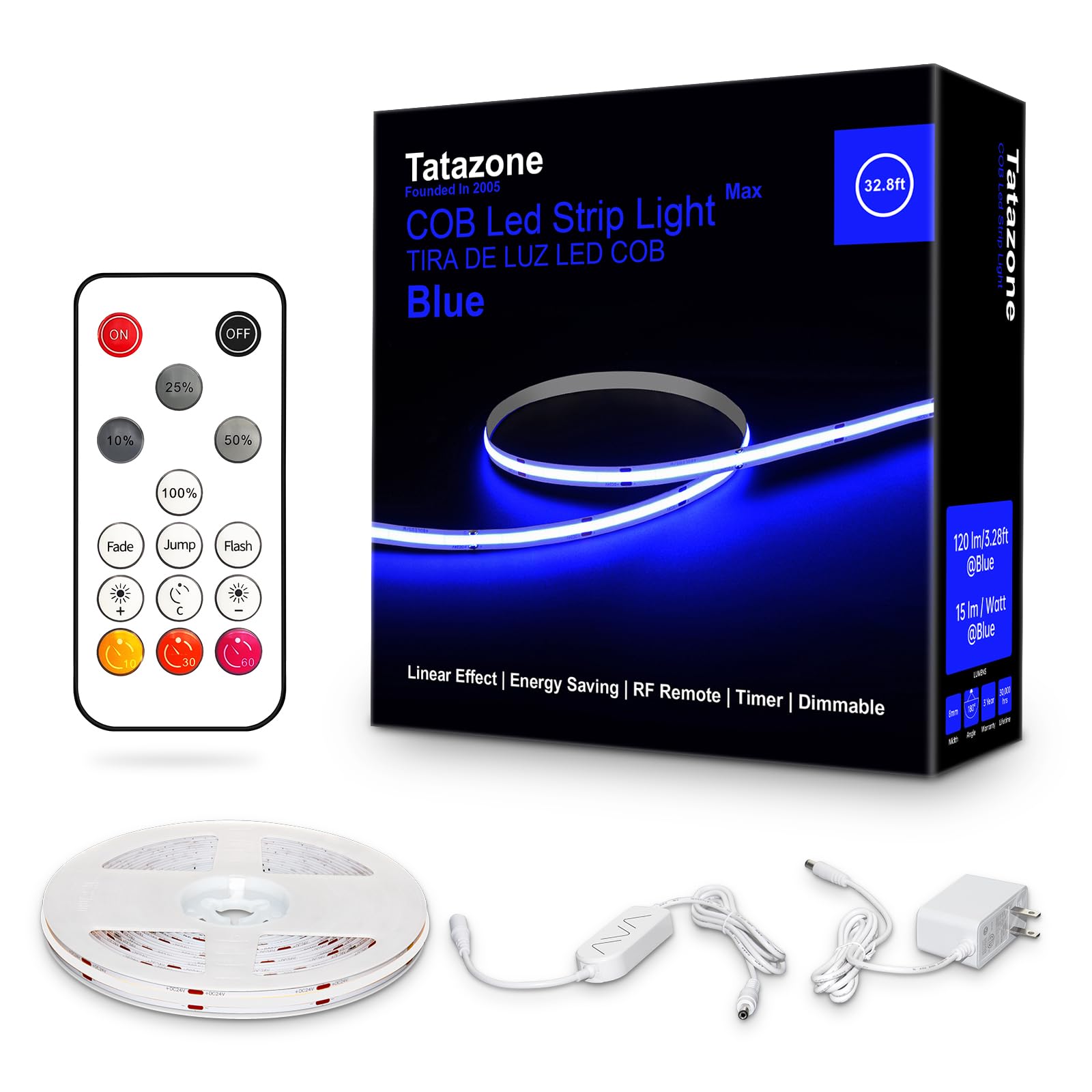 Tatazone 32.8ft Blue COB Led Strip Lights with RF Remote, Dimmable Bright Adhesive Indoor Led COB Light Strip for Cabinet, Paint