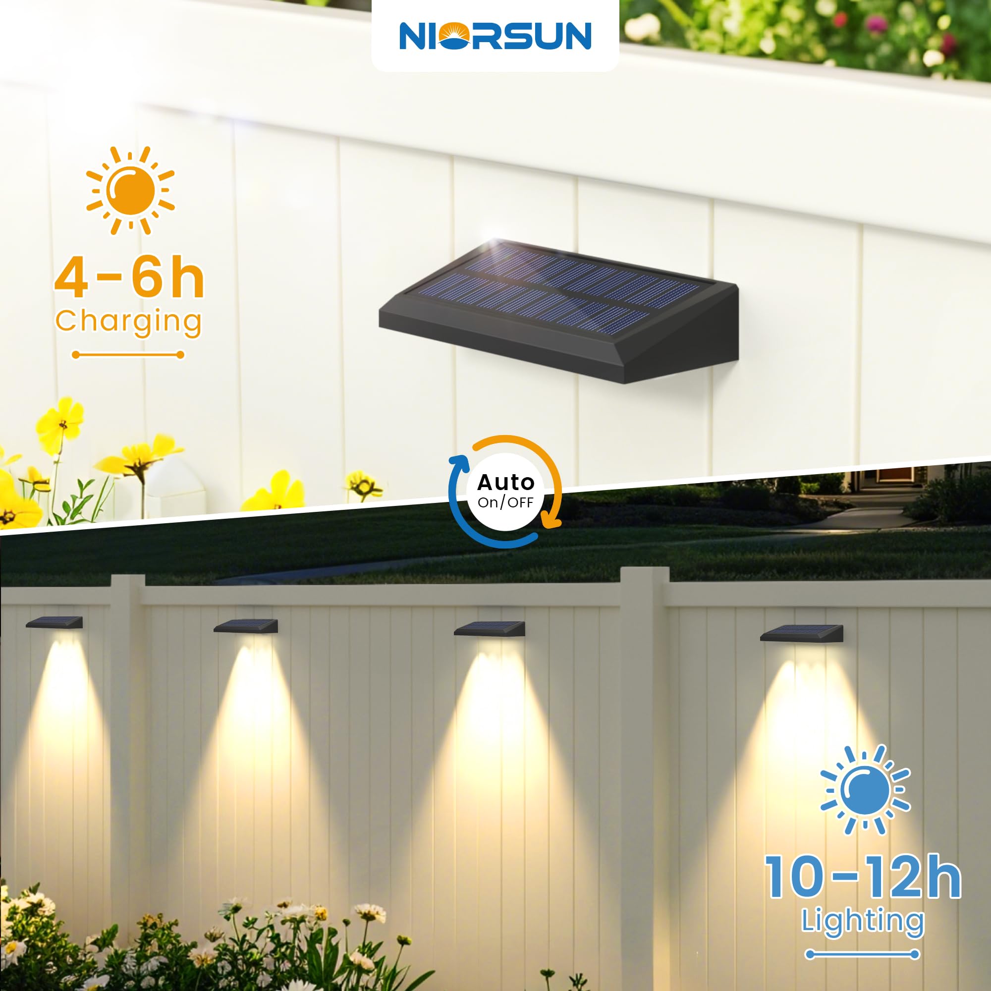 Niorsun Solar Fence Lights Outdoor, Warm White Led Fence Light Solar Powered, Ip65 Waterproof Outdoor Lights For Deck, Patio, Ya