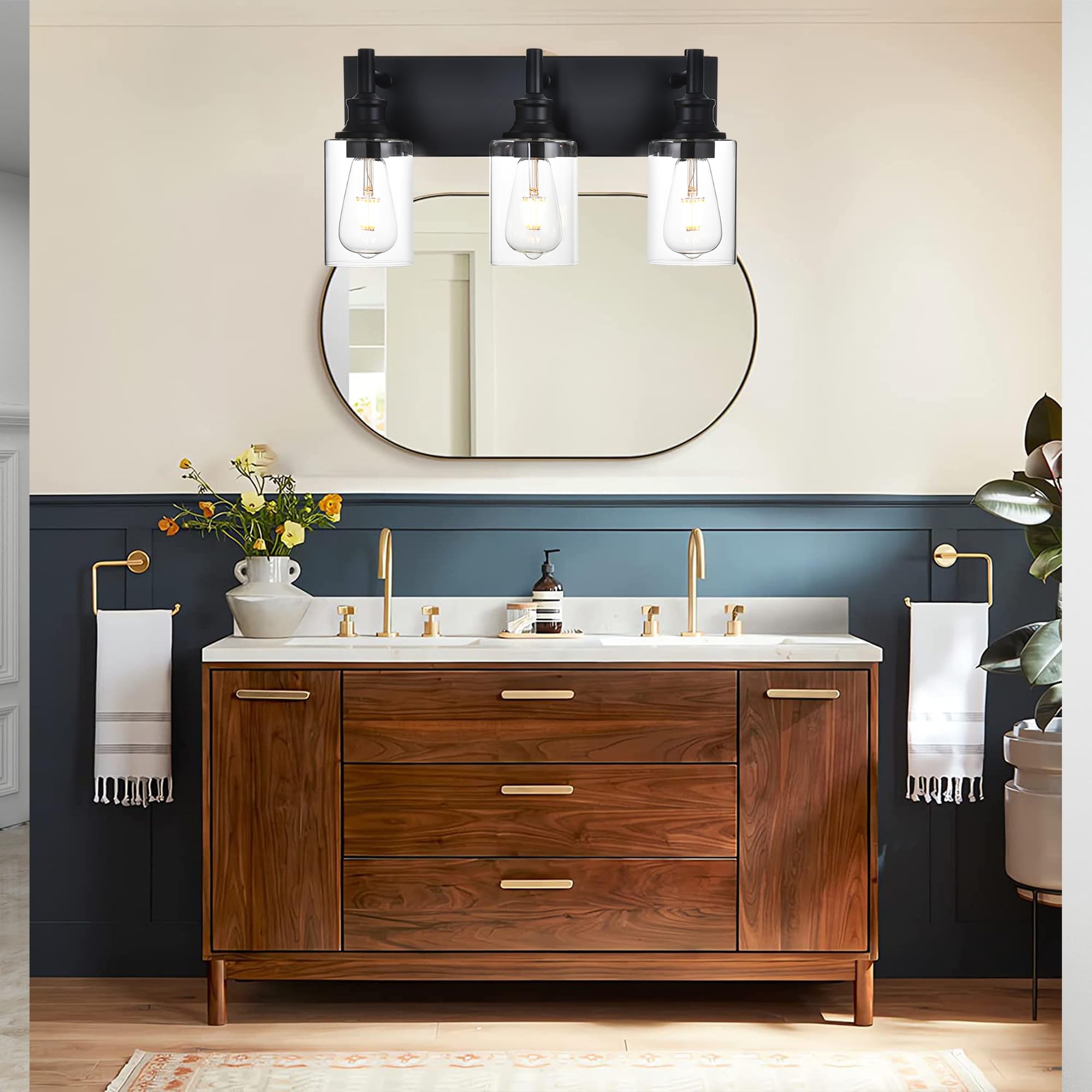 Wanluce 3 Light Bathroom Vanity Lights, Black Iron Fixtures with Clear Glass Shades, Model 16-16111-3W-BL