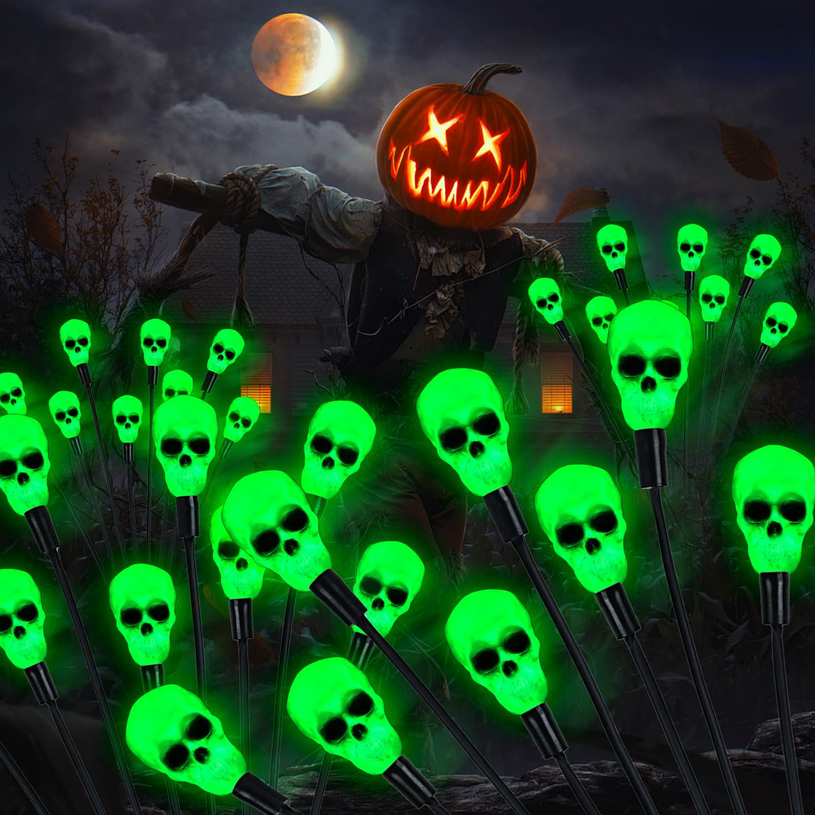 2Packs Halloween Decorations Outdoor Scary Solar Skull Lights,16Led Green Skull Swaying Firefly Lights,Waterproof Solar Halloween Path Lights For Yard/Garden/Lawn/Party Decor (Skull)