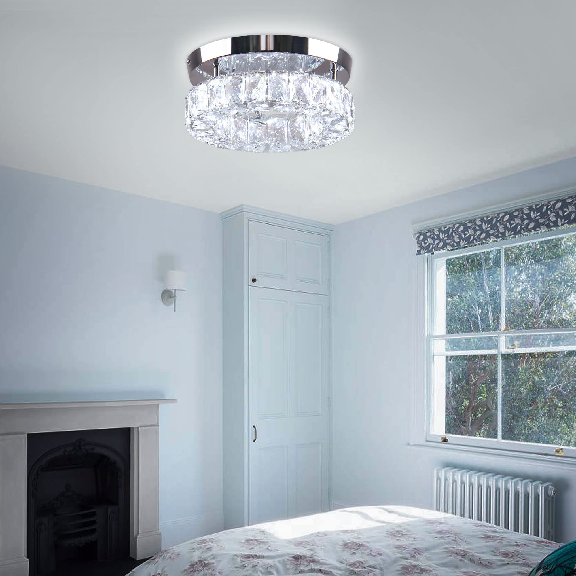 Ypqxyhda 9.8" Crystal Flush Mount Ceiling Light Fixtures Led Round Mini Chandelier Light Fixture Ceiling Lamp For Kitchen Hallway Foyer 15 W 6000K