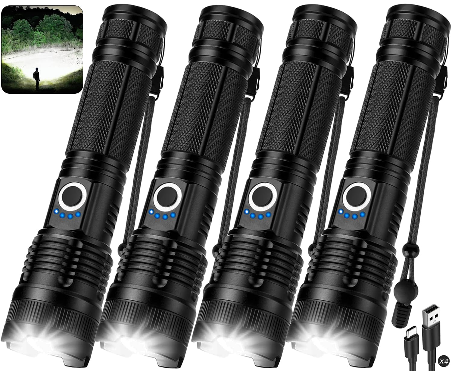 ALSTU 4 Pack Rechargeable LED Flashlight 990,000 Lumens, Adjustable with 5 Modes, IPX7 Waterproof, Handheld Flash Light for Camp