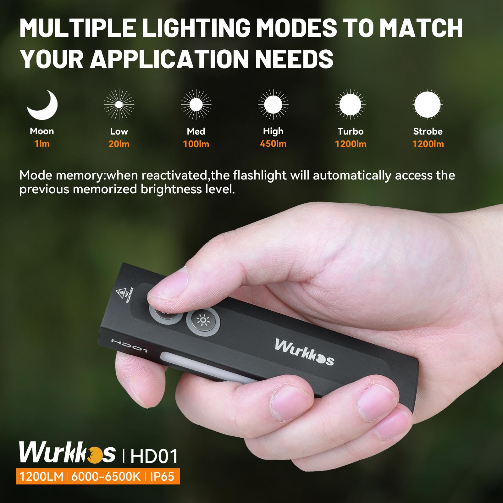 Wurkkos HD01 EDC Flashlight - 1200 Lumens, RGB & Green Light, Magnetic, Black
