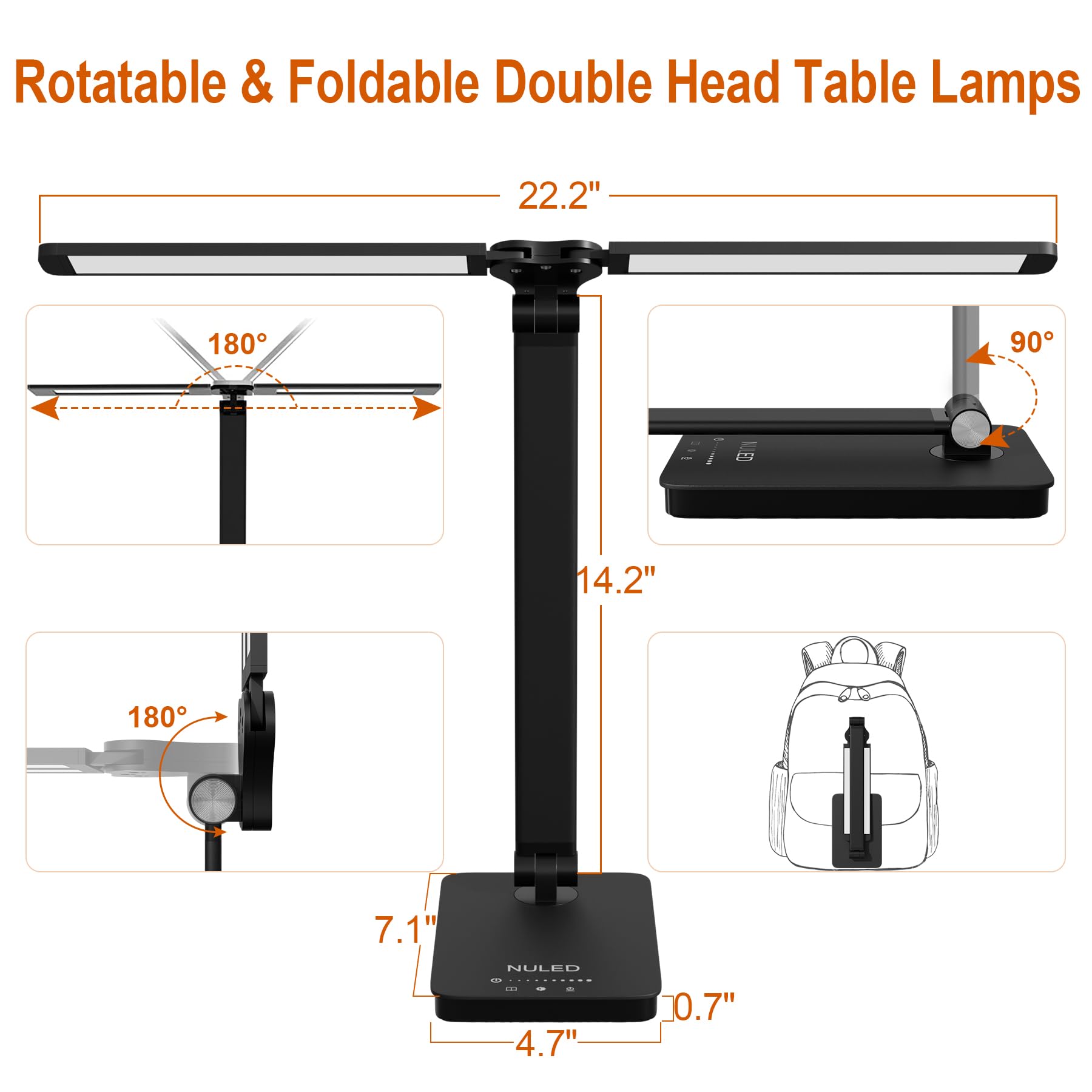 NUNET LED Desk Lamp, Rotatable Aluminum, USB Charging Port, Glossy Black, Model NULED-MSL2black
