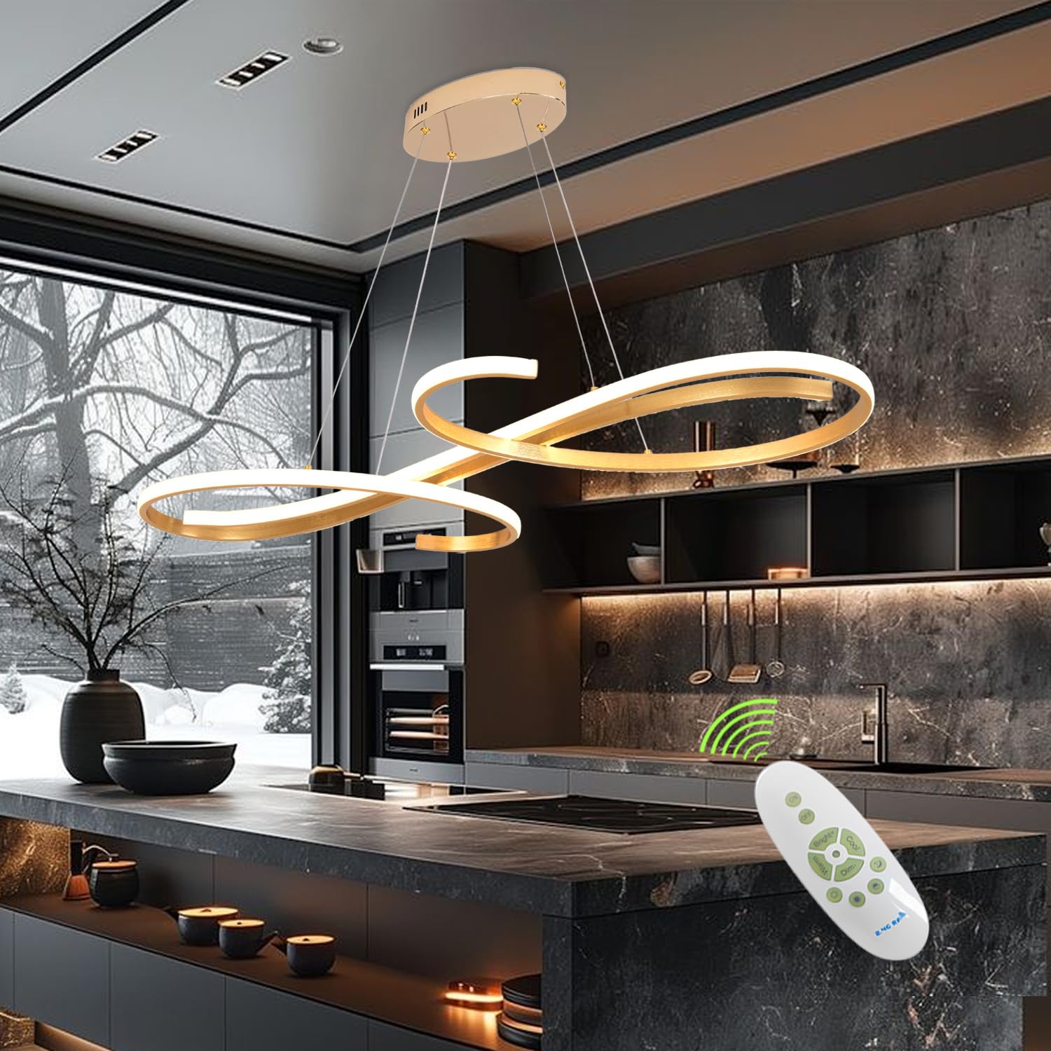 Guang Shuo Gold Led Chandelier Dimmable Modern Chandelier for Dining Room Light Fixture Contemporary Led Pendant Light for Kitchen Island Lighting with Remote