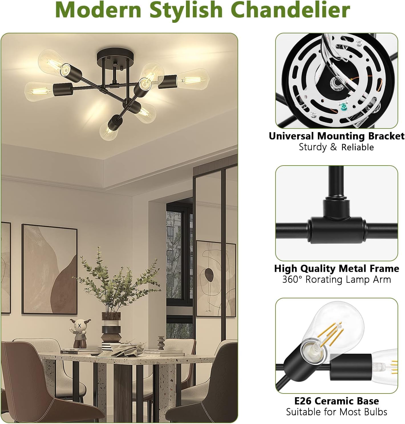 Asnxcju Modern Semi Flush Mount Ceiling Light, 6-Lights, Black Metal Sputnik Chandelier for Dining Room, UL Listed