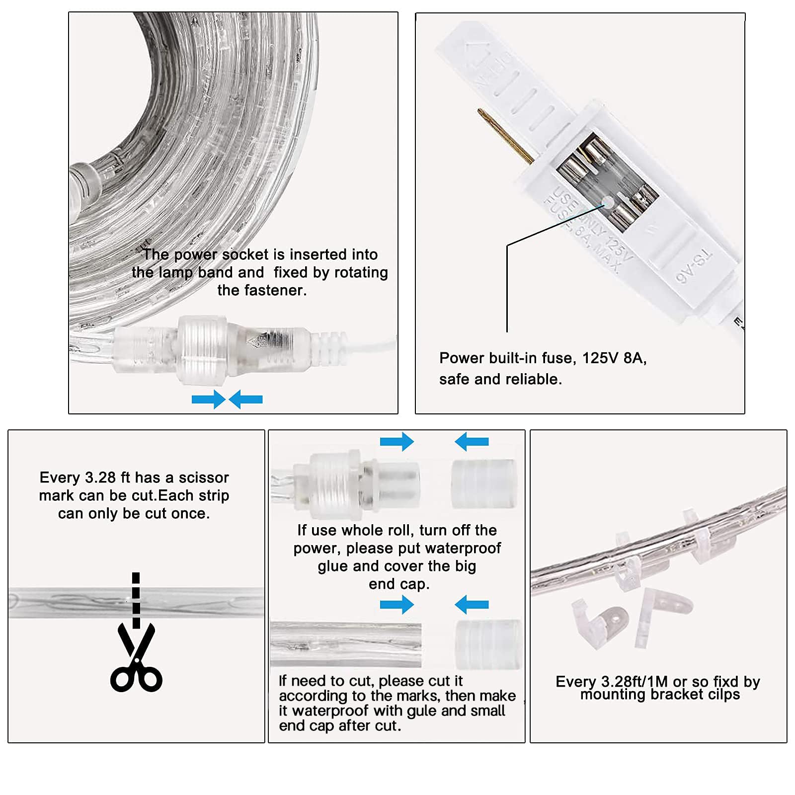 Surnie Rope Lights Outdoor Waterproof Daylight White: Led 10Ft Cuttable Outside Bright 110V Lighting 6000K Flexible Cool Clear Tube, Indoor Deck Patio Xmas Camping Decor, Not Flat Strip
