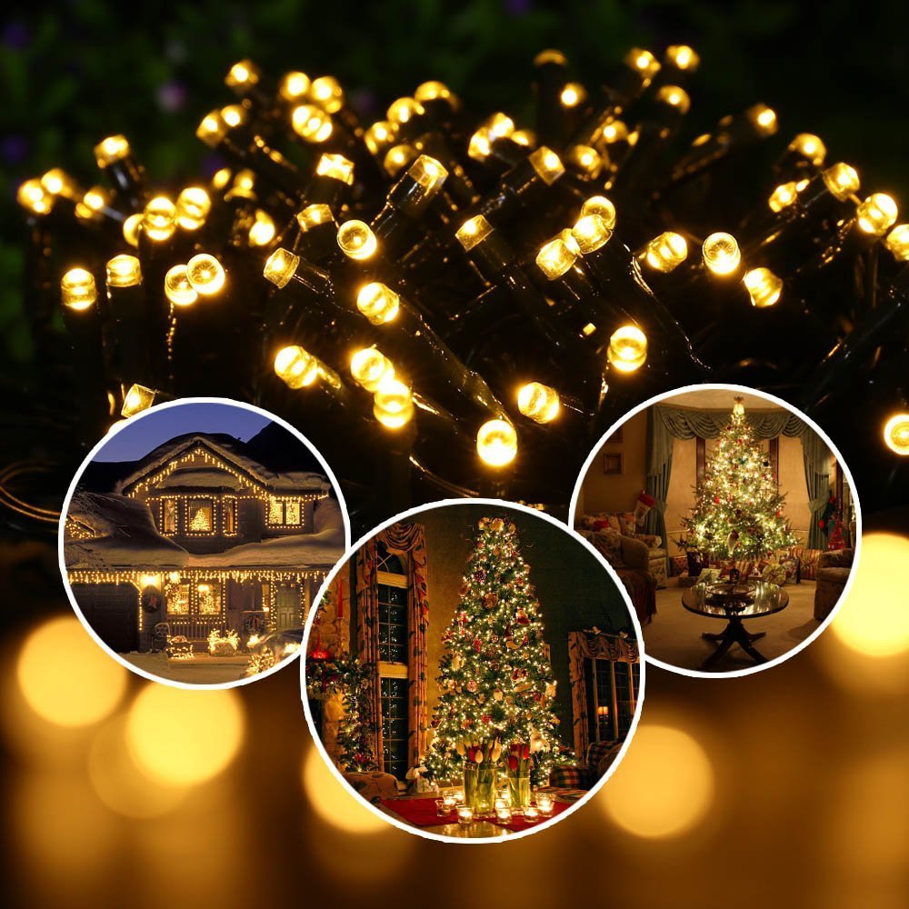FULLBELL Outdoor Fairy Lights, 33ft 100 LED, Warm White, Extendable, Black Wire, Model FLEDTK10MBW-WW