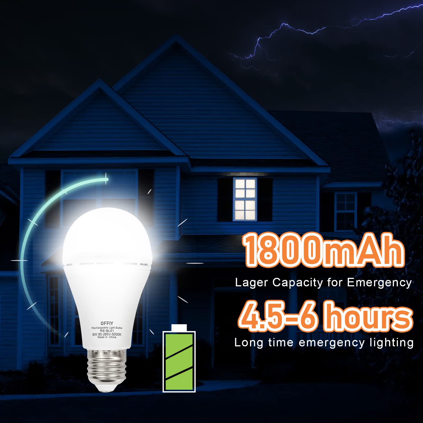 Offliy Emergency Light Bulbs, 1800Mah High-Capacity Battery For Longer Emergency Time, 9W,750Lm,5000K Rechargeable Light Bulbs F