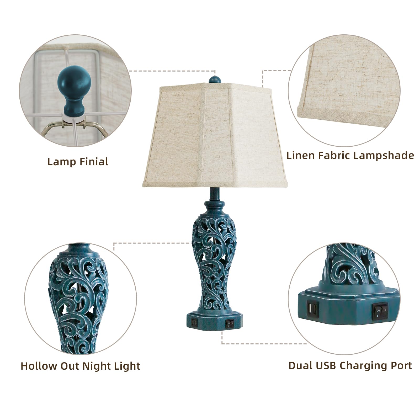 25'' Farmhouse Table Lamps Set Of 2 For Living Room Bedroom, 2 Usb Ports Coastal Vintage Table Lamp With Nightlight, Navy Blue H