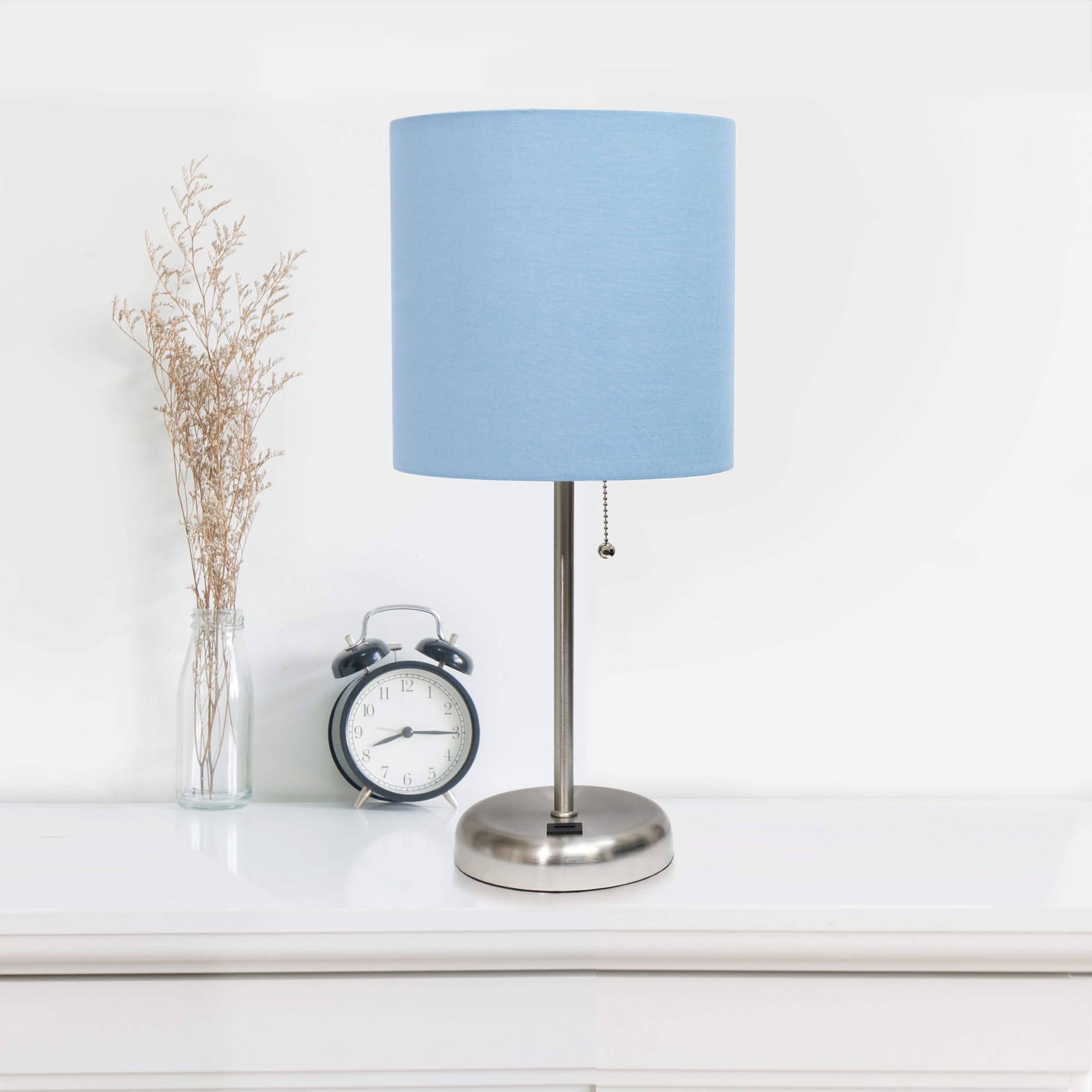 Simple Designs Lc2002-Blu-2Pk Brushed Steel Stick Table Lamp Set With Usb Charging Port And Blue Fabric Shades, 2 Pack Set