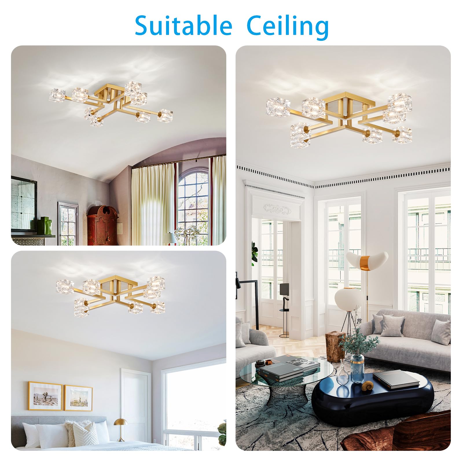 Xingqi Modern Ceiling Light 8 Lights Gold Sputnik Chandeliers Industry Semi Flush Mount Ceiling Light Fixture, Mid Century For D