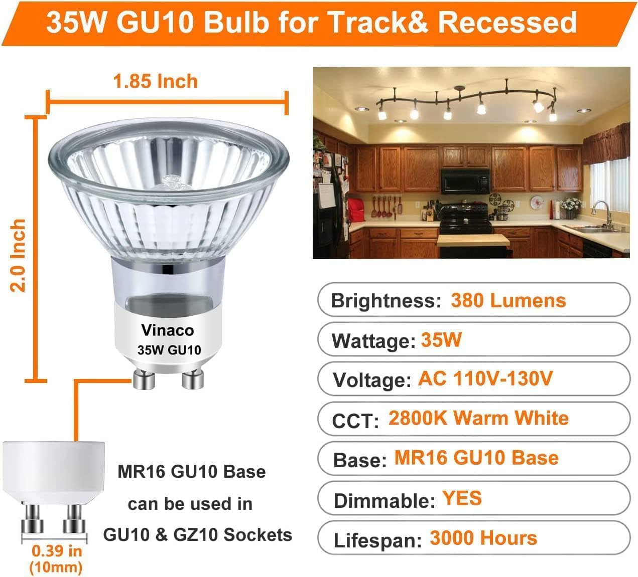 Vinaco GU10 Halogen Bulbs, 6 Pack, Dimmable, 35W MR16, Warm White, Glass, Ideal for Track & Recessed Lighting