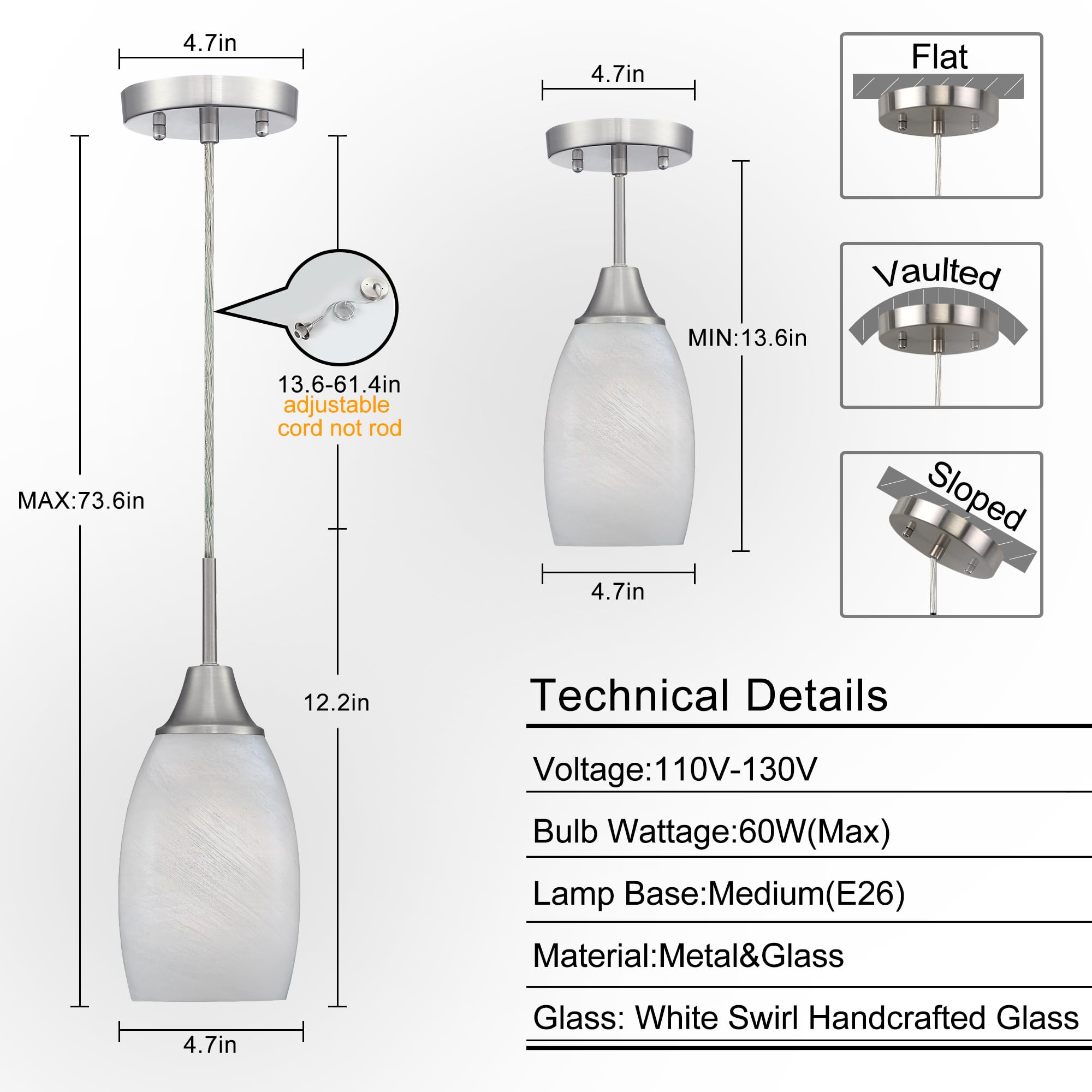 Viinew Mini Glass Pendant Light, Handblown White Swirl Art Glass, Adjustable Cord, Brushed Nickel, 4.72in, 1-Pack