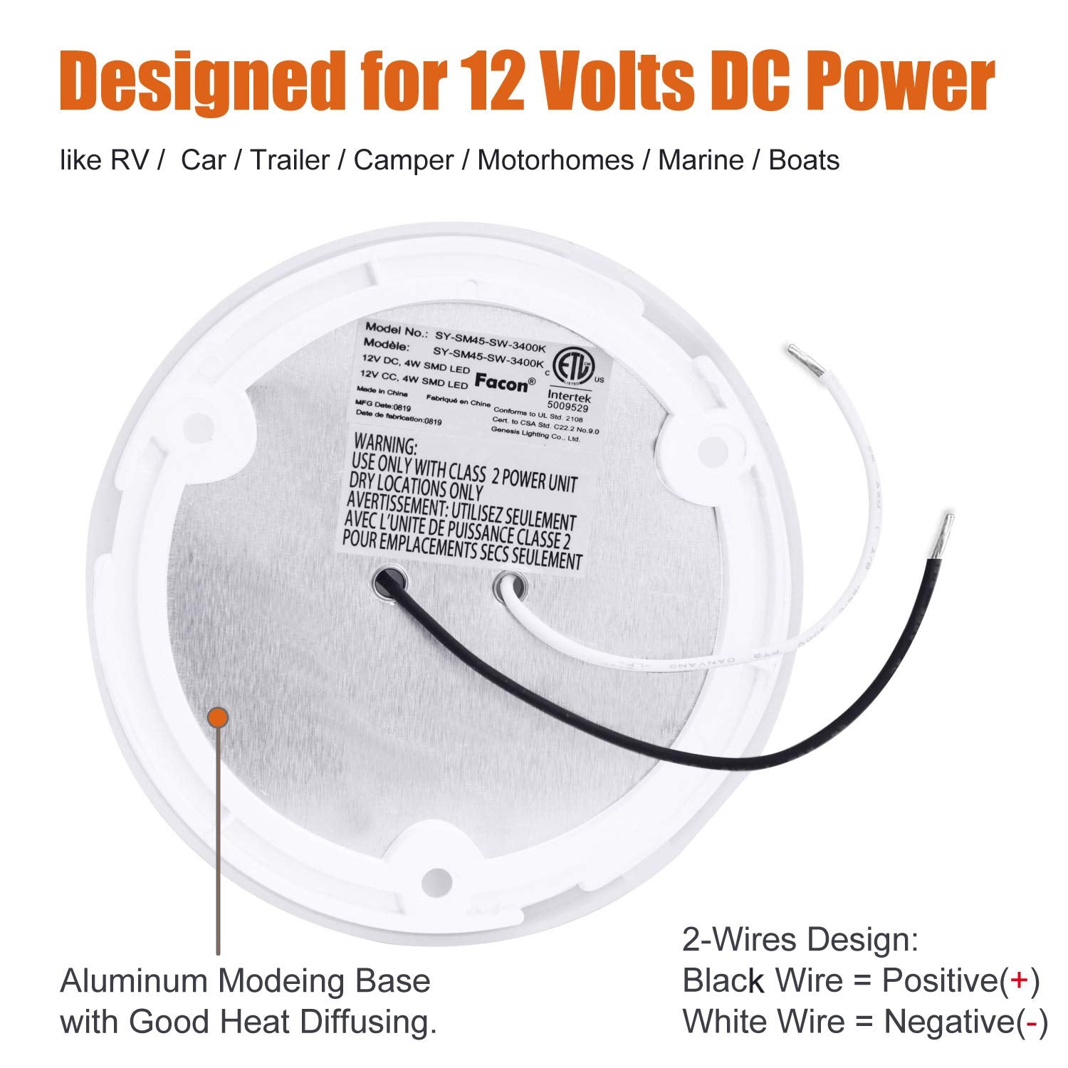 Facon LED RV Puck Light, 4.5" Super Slim Under Cabinet Dome Light, 12V DC, Warm White, 2-Pack, Model SY-SM45-SW-340
