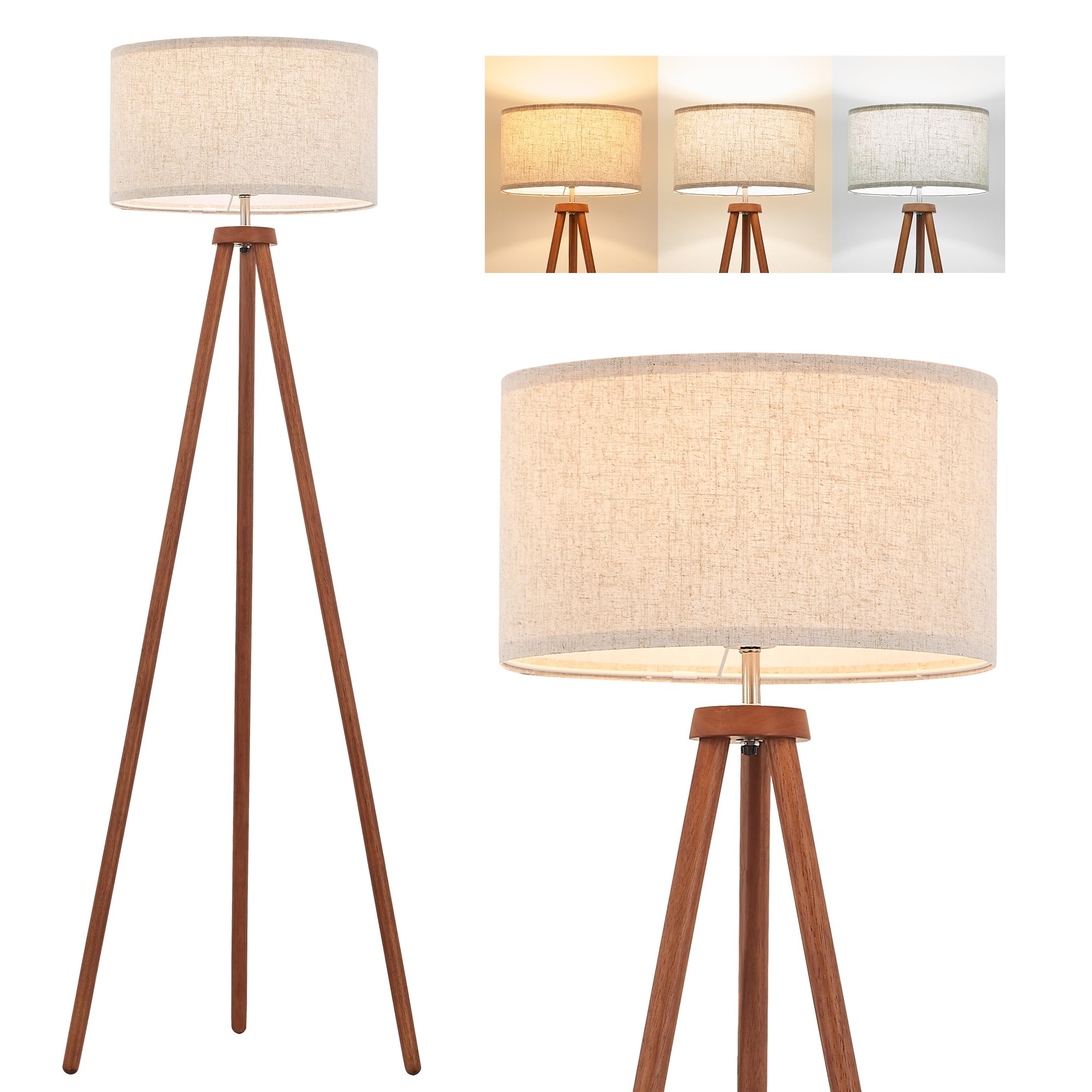 ELYONA Wood Tripod Floor Lamps for Bedroom, Vintage Standing Light 3 Color Temperatures LED Bulb Included & Beige Linen Shade, T