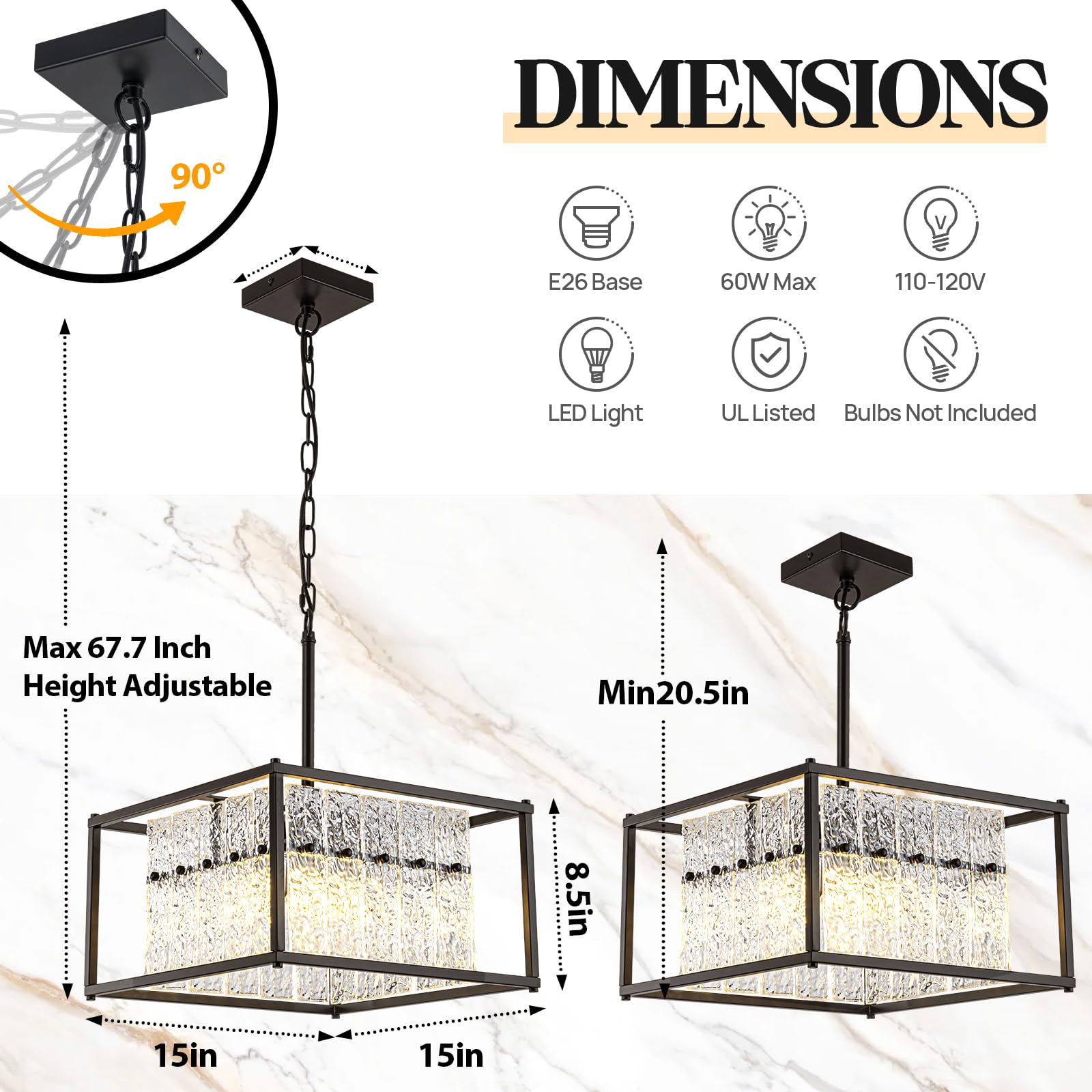 Jsdorsy Modern Black Crystal Pendant Light For Kitchen Island, 4-Light Water Ripple Glass Chandelier, Adjustable Height Dimmable