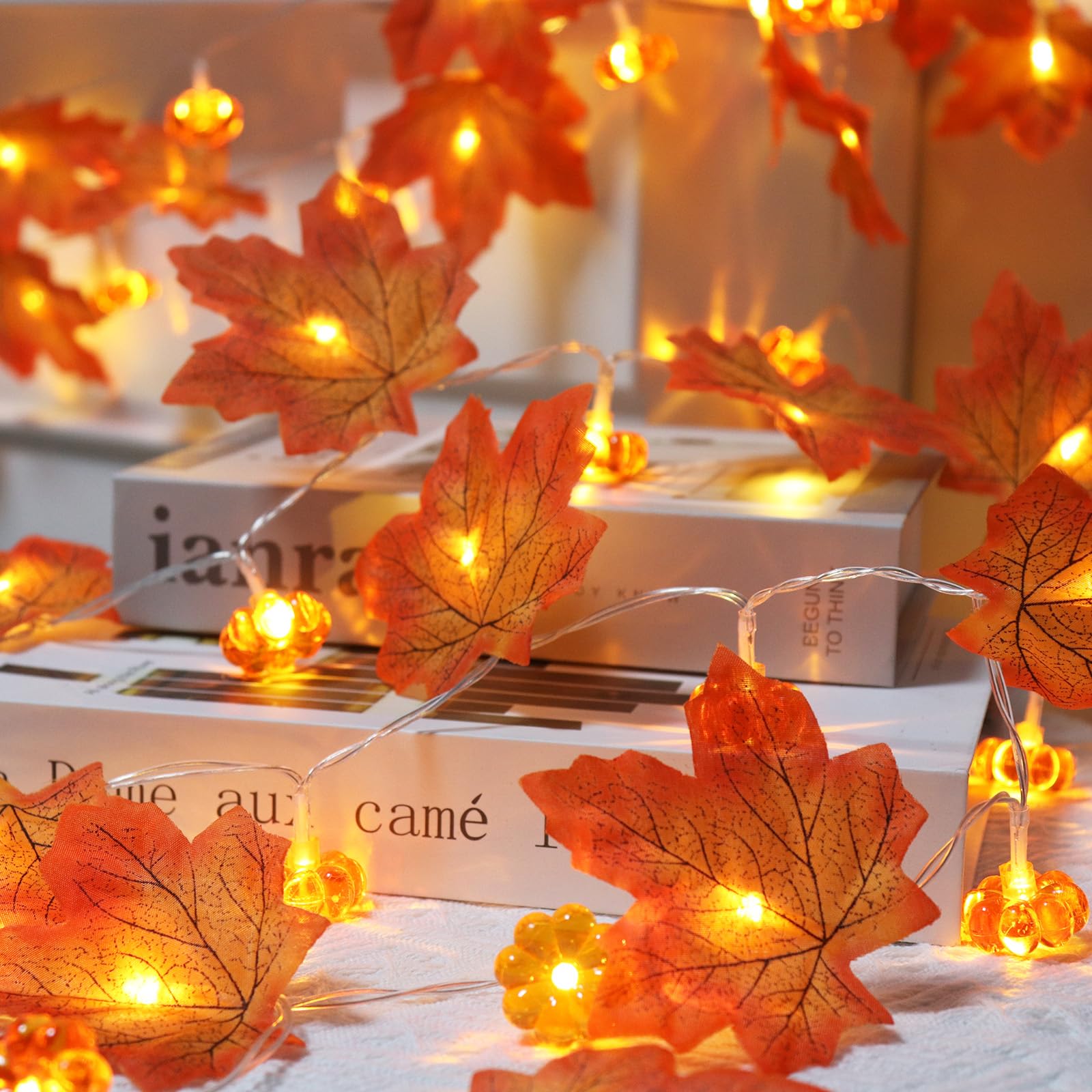 Fall Decorations for Home - Maple Leaf Pumpkin Lights - 10 Ft 20 LED Battery Operated 3D Pumpkin Fall Leaves Garland String Ligh