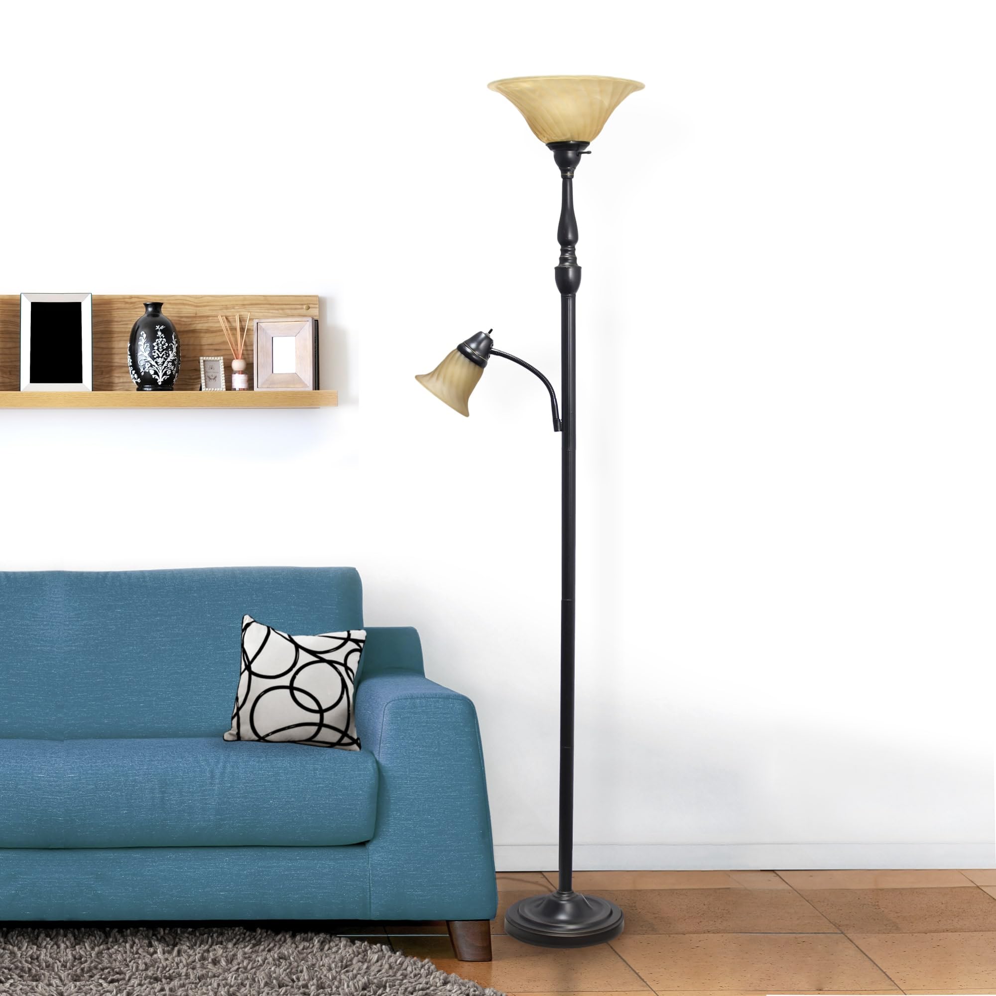 Elegant Designs Lf2003-Rba 2 Light Mother Daughter Floor Lamp With Amber Marble Glass Shades, Restoration Bronze And Amber