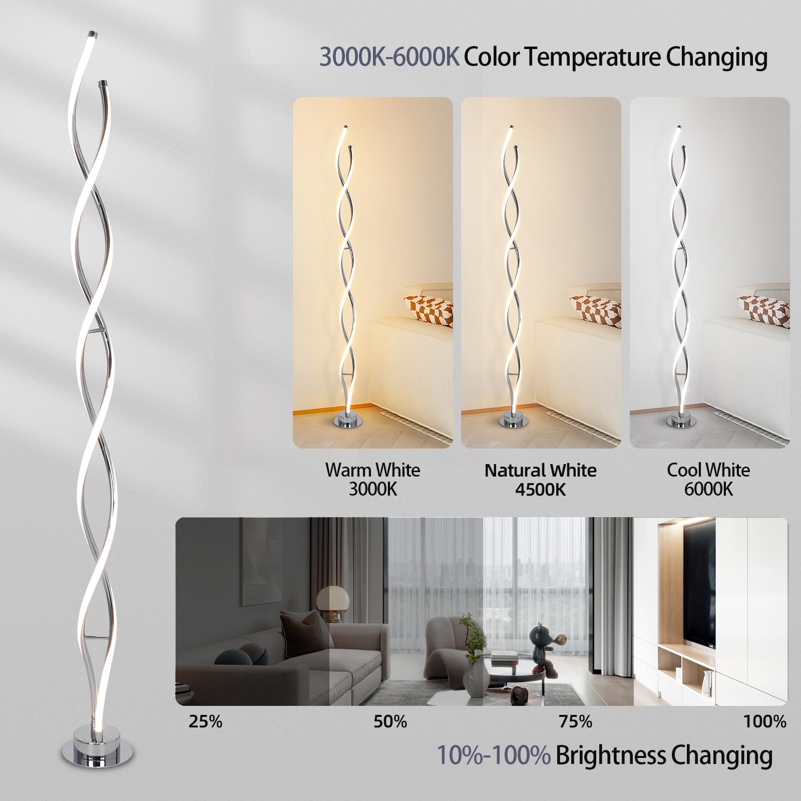 ADISUN 31W LED Spiral Floor Lamp - 3-Color Dimmable with Remote, 58" Tall, Silver, Model DNA for Living Room, Bedroom, Office