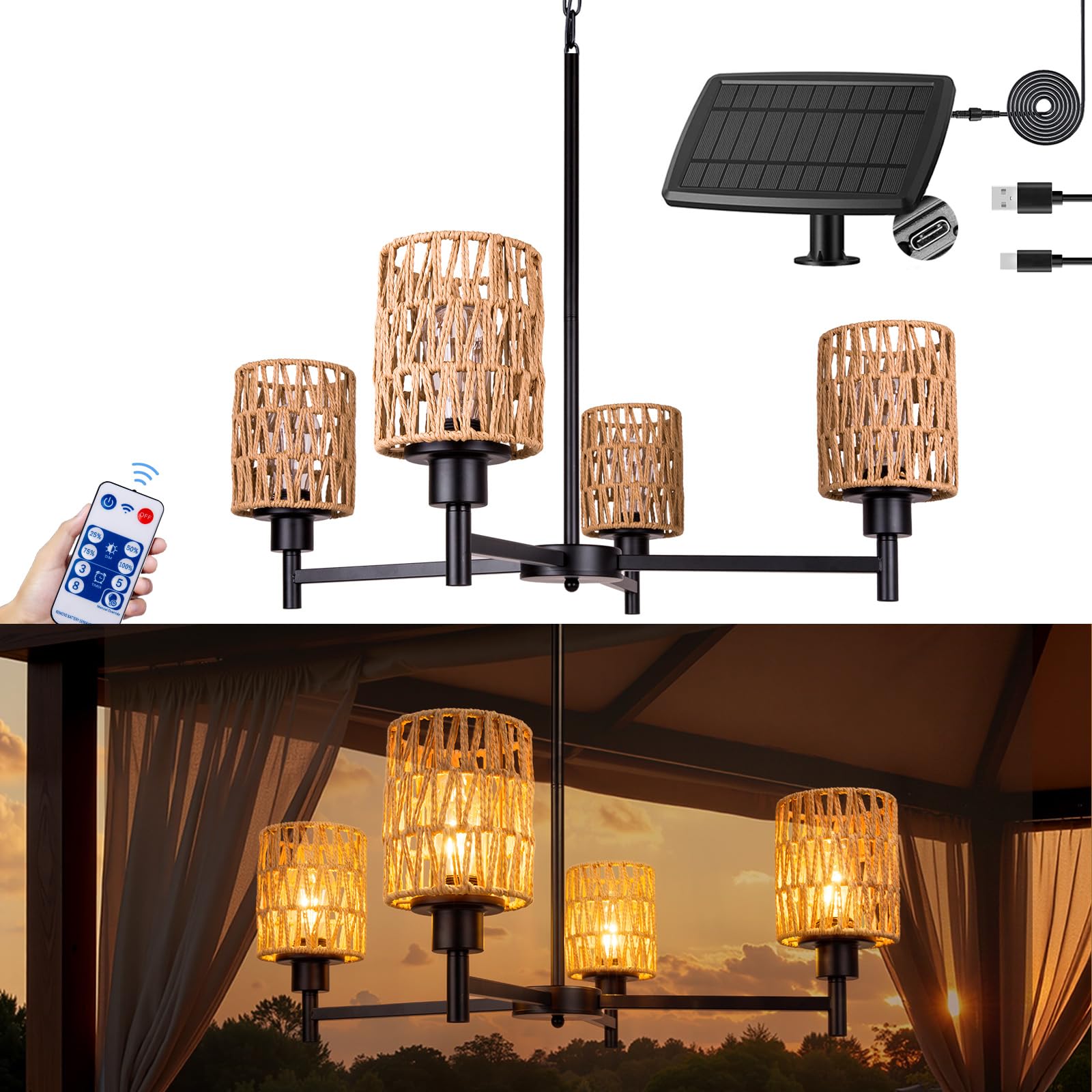 ALL FORTUNE Solar Chandelier Outdoor, 4-Light 28 Hanging Pendant Lights, Rattan Waterproof Dimmable, Outdoor Chandelier for Gaze