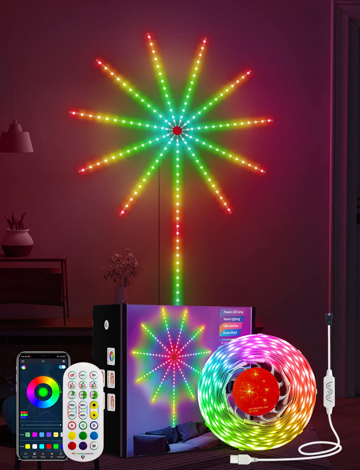 Daymeet Smart Firework LED Lights, ICRGB Dream Color LED Lights for Bedroom, LED Strip Lights with Remote App Control, Color Changing Music Sound Sync Light for Bedroom, Christmas Decorations