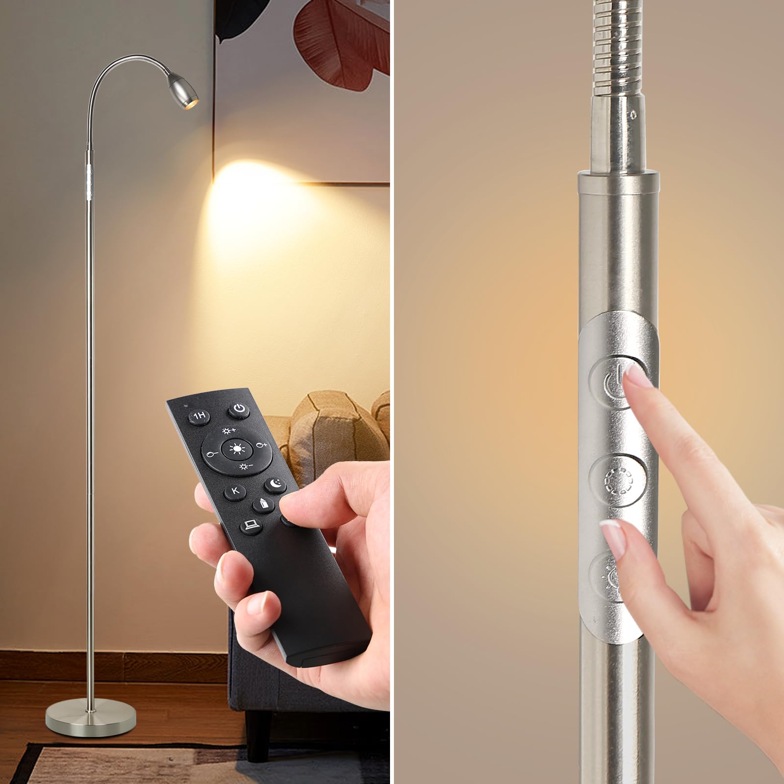 Reading Floor Lamp, 72&quot; Tall Led Lamp With Flexible Gooseneck, Dimmable Zoomable Spotlight, Adjustable Color Beam Standing Lamp, Touch & Remote Control, Task Craft Bedroom Living Room (Brushed Nickel)