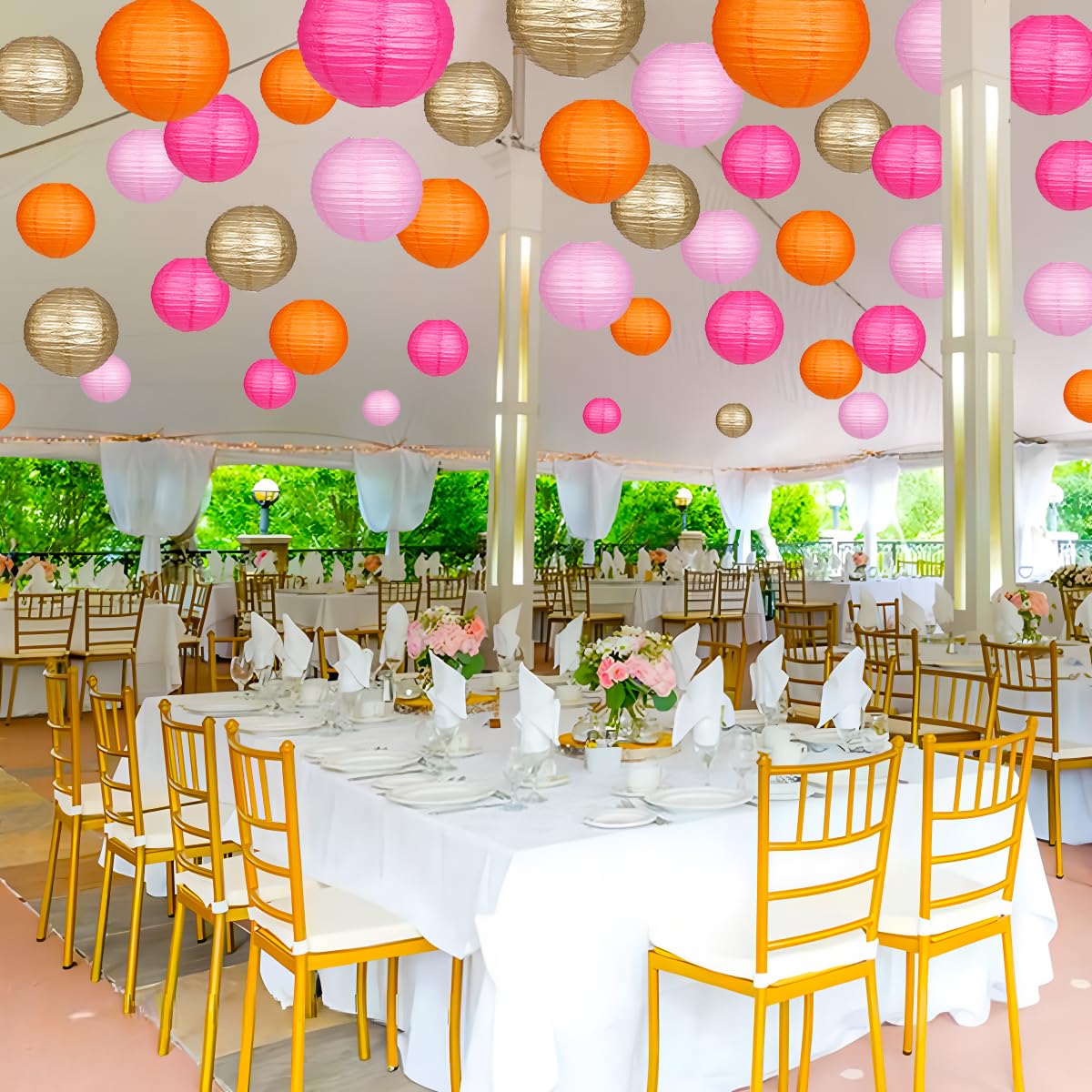 Yunxuan Paper Lanterns Gold White Round Hanging Chinese Lanterns For Wedding Birthday Party Boho Baby Shower Decorations Pack Of