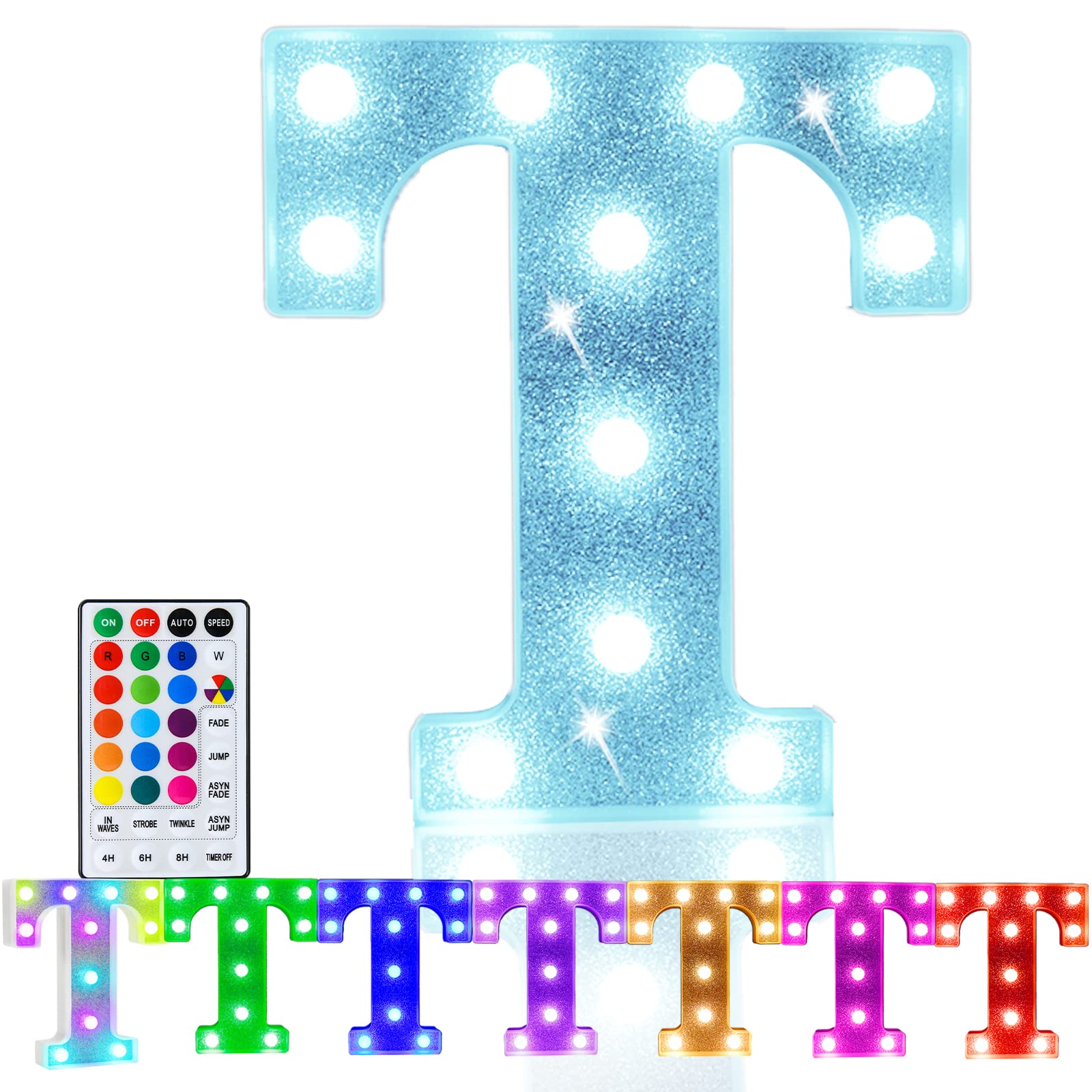 Pooqla LED Letter Lights Marquee Signs, 18 Colors with Remote, Battery Powered, Glitter Silver T for Party & Home Decor