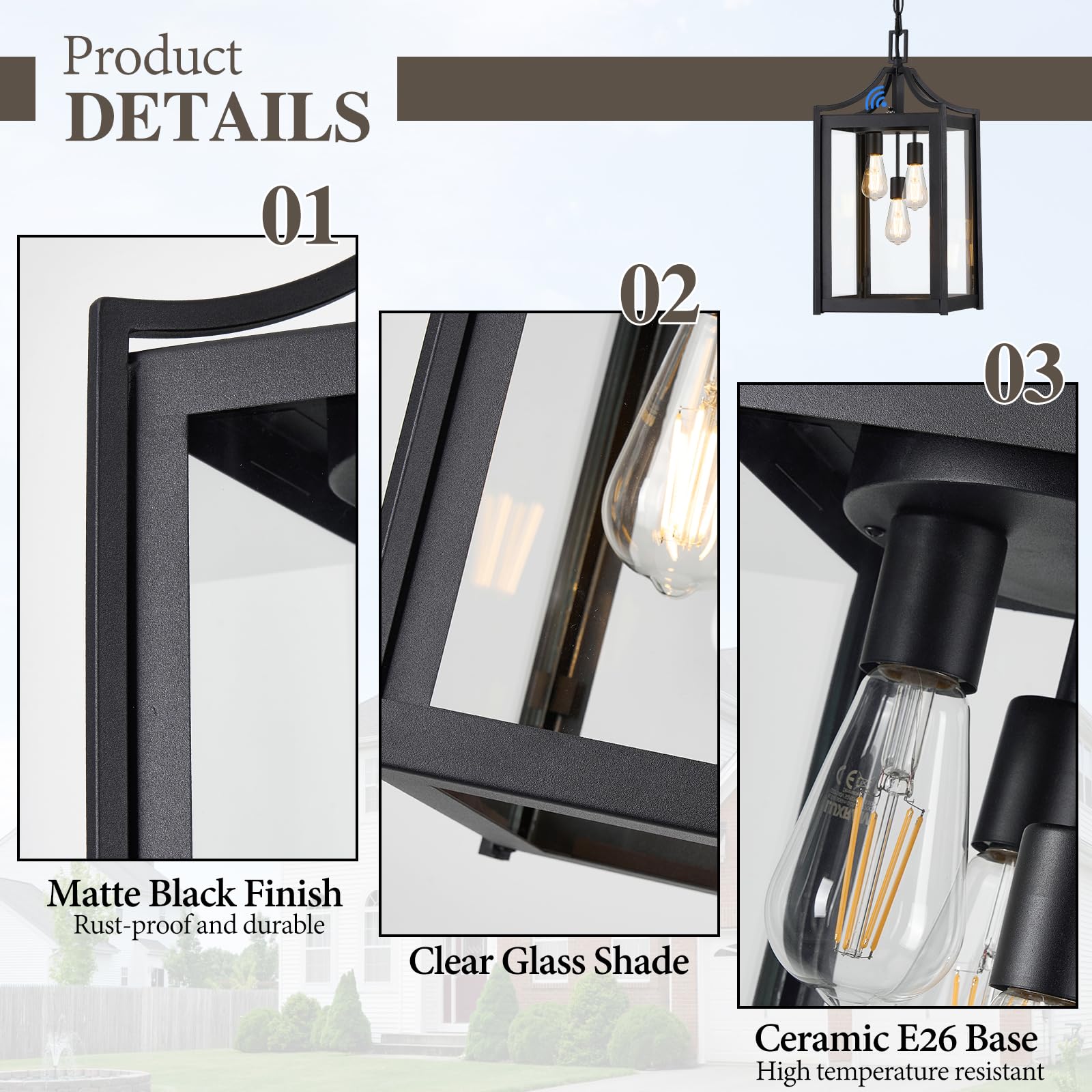 Osimir Outdoor Pendant Light - 18.5" Large Black Chandelier with Clear Glass, Adjustable Chain, Model OS-KY1004