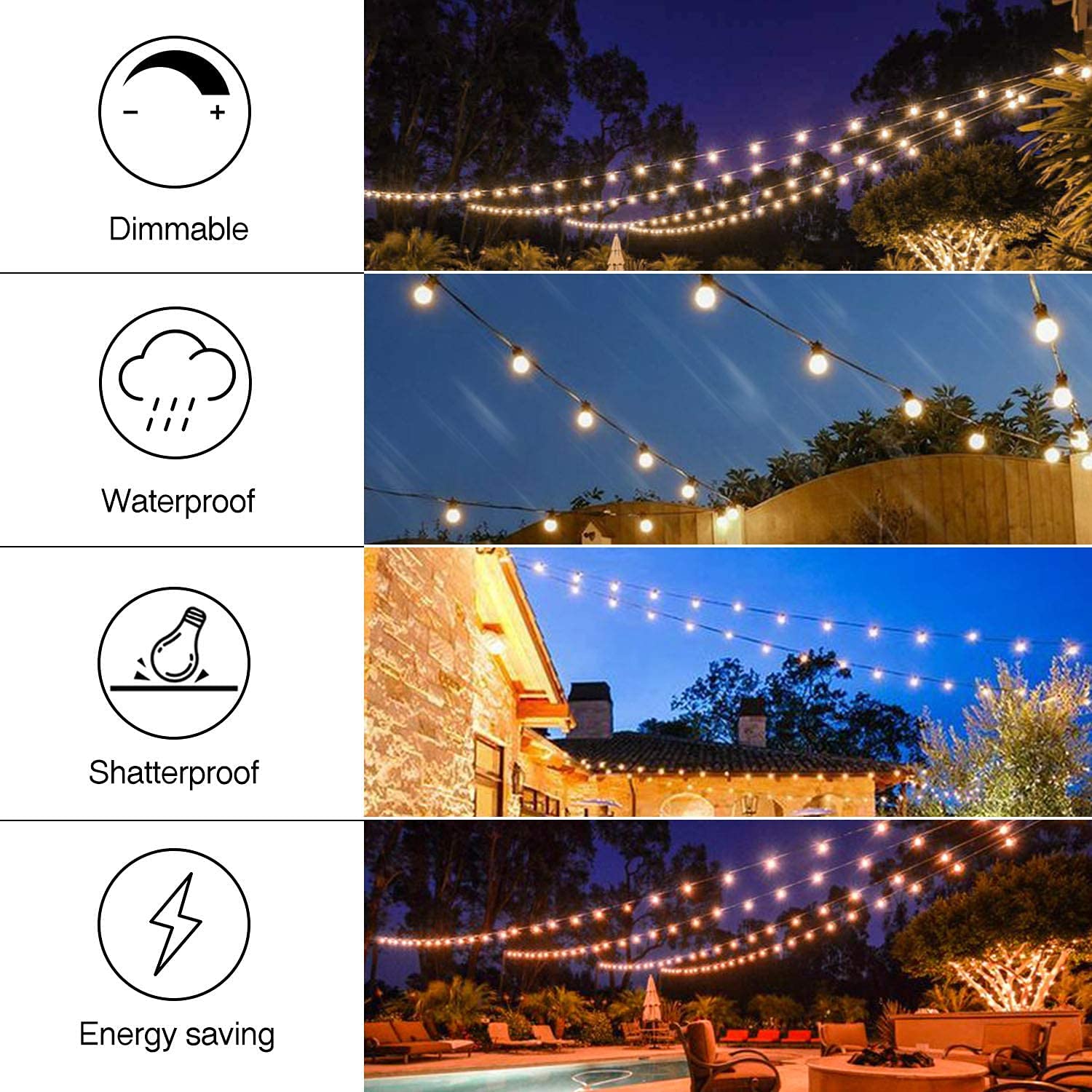 Banord Outdoor String Lights, 102FT Waterproof Black Patio Lights with 35 Shatterproof LED Bulbs, Model BN-S14-102FT-XH