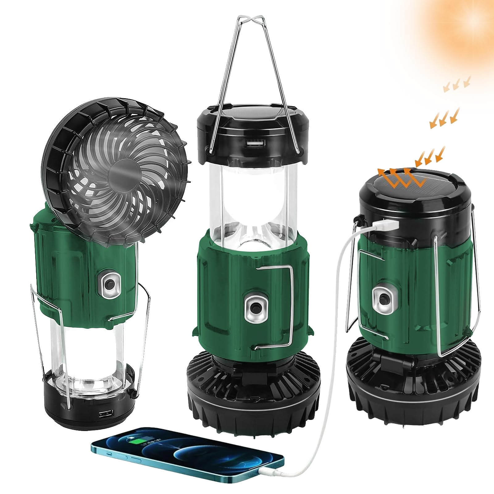 BUGPASS Solar Camping Lantern with Fan, Rechargeable, Battery Operated, Green, Model: Lanterns for Power Outages