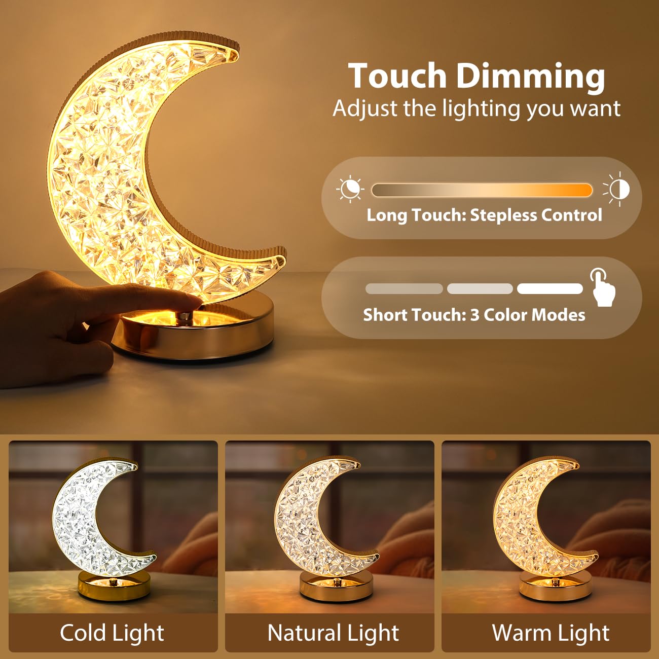 Lewondr Crescent Moon Table Lamp, Stepless Dimmable Touch Lamp With 3 Colors, Rechargeable Night Light With Usb Port, Ramadan Moon Light Bedside Lamp For Nightstand Desk Bedroom Living Room Home Decor