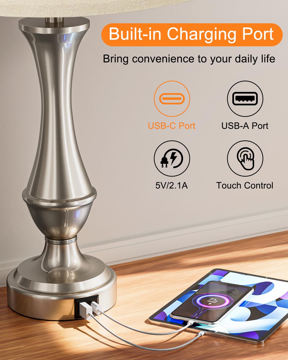 Seealle Touch Lamps Set of 2 - 3 Way Dimmable Bedside Lamps with USB C+A, White Shade & Nickel Base, Model 0407123